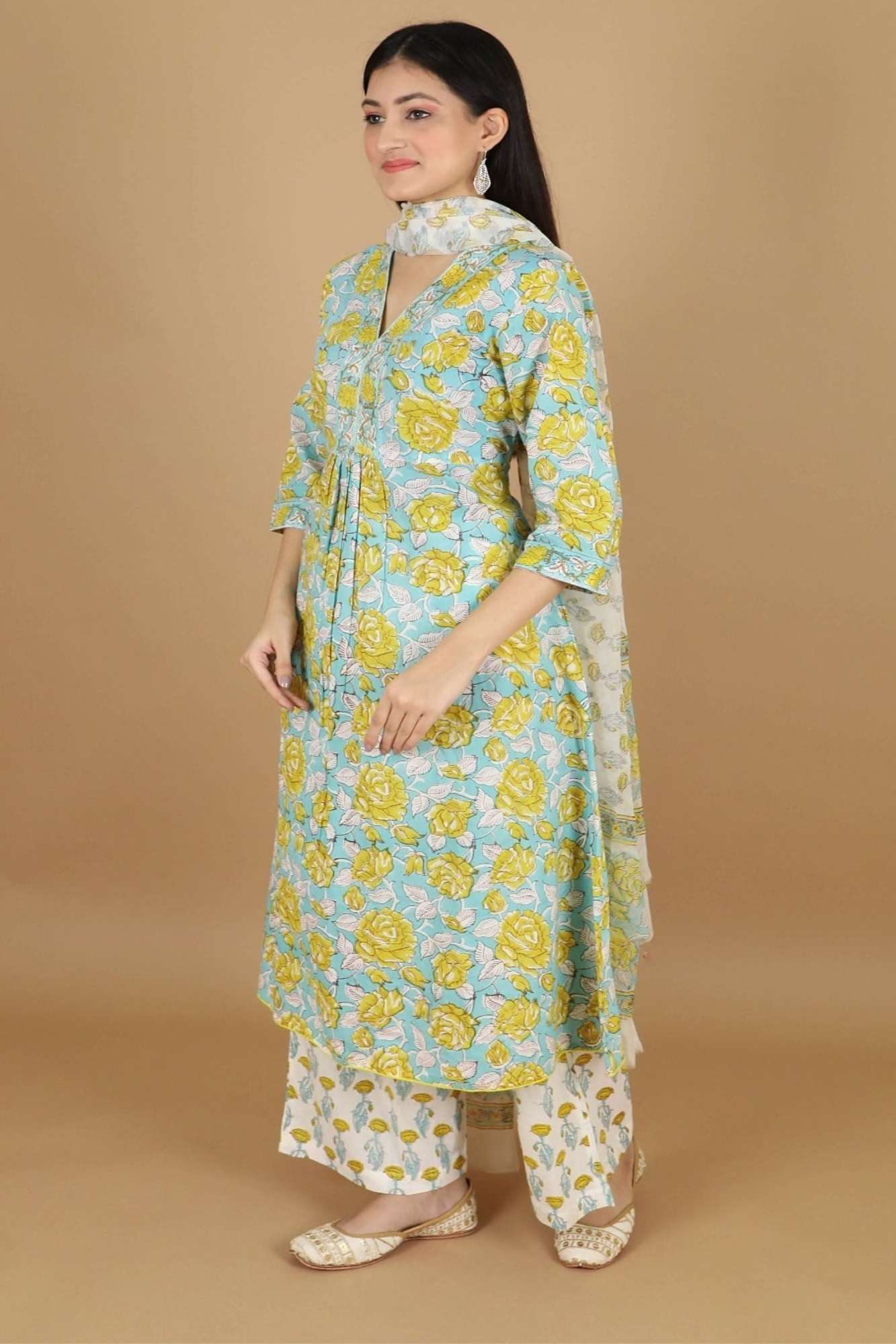 Firozi Rose Love 3 PIece Salwar Kameez Suit in Cotton with chiffon dupatta in Aqua