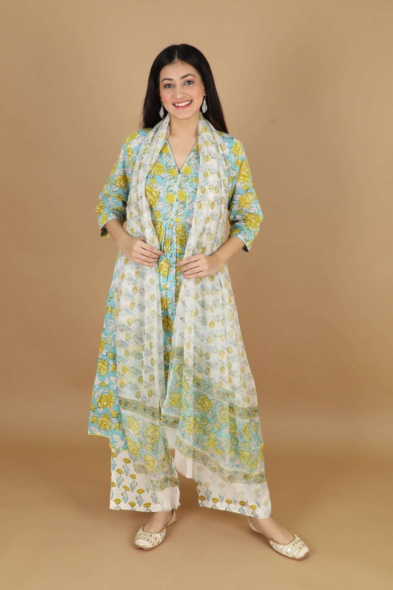 Firozi Rose Love 3 PIece Salwar Kameez Suit in Cotton with chiffon dupatta in Aqua
