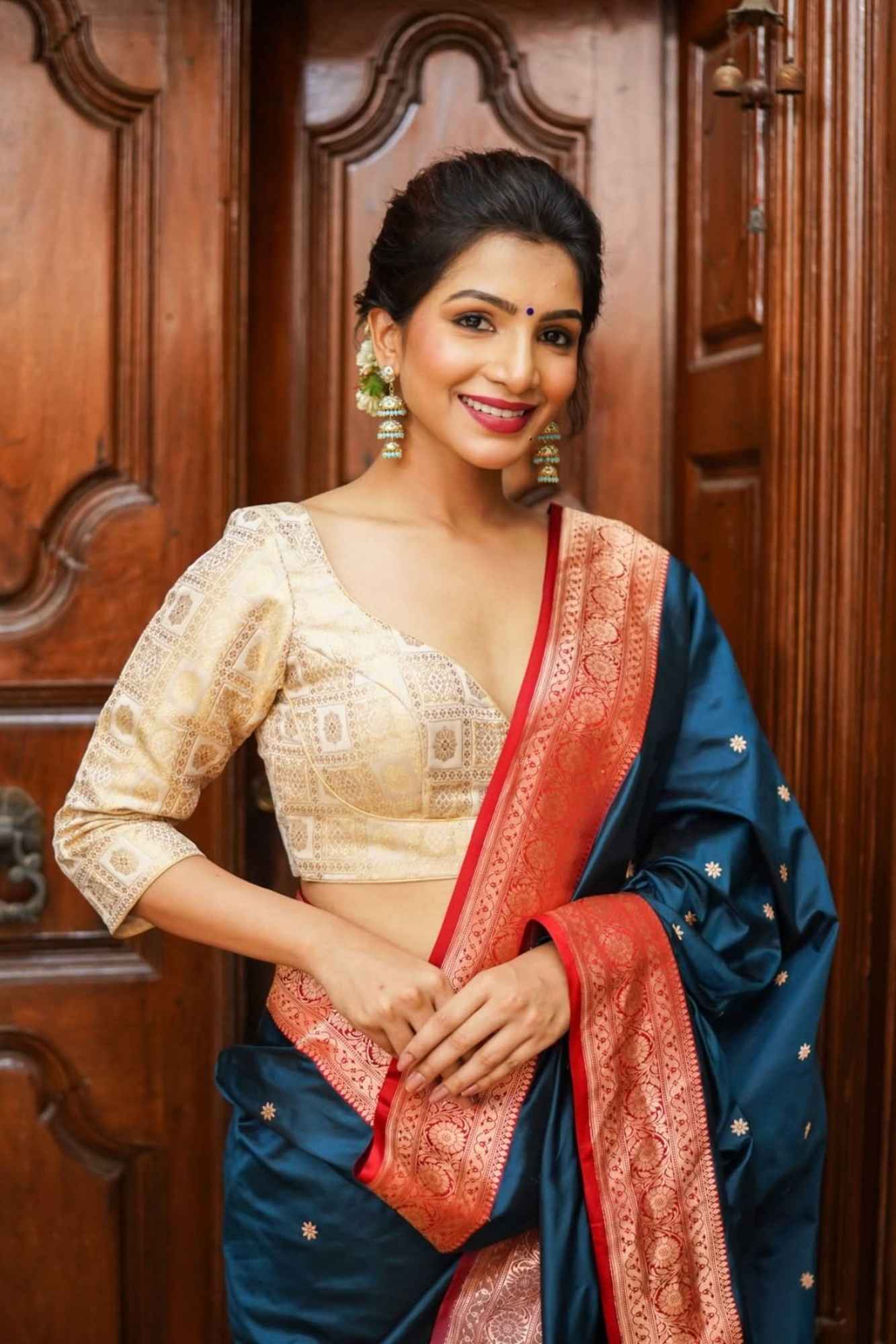 Ivory Patola Design Brocade Mix and Match Blouse with 3/4 sleeve for saree, Made to Order