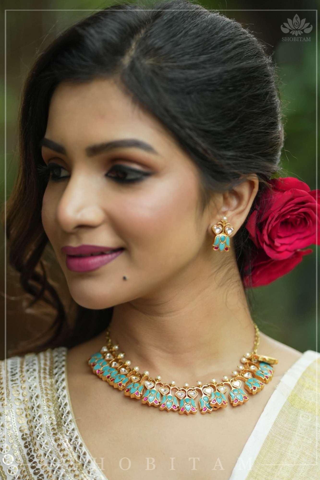 Grayish Teal Falling Lotus Design Falling Lotus design Jadau Necklace Set