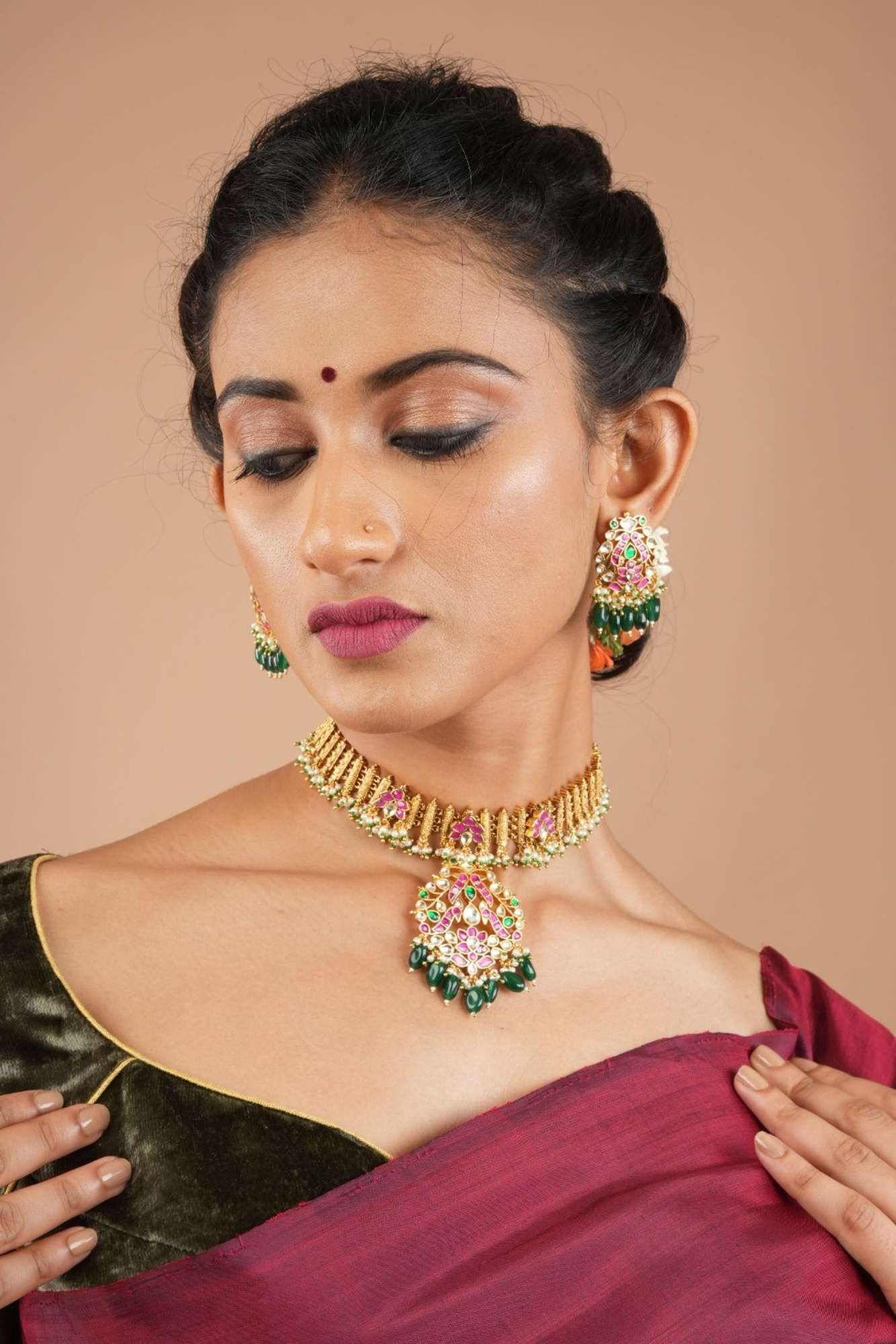 Ahmedabadi Jadau Necklace and Earrings set in Microplated Gold finish