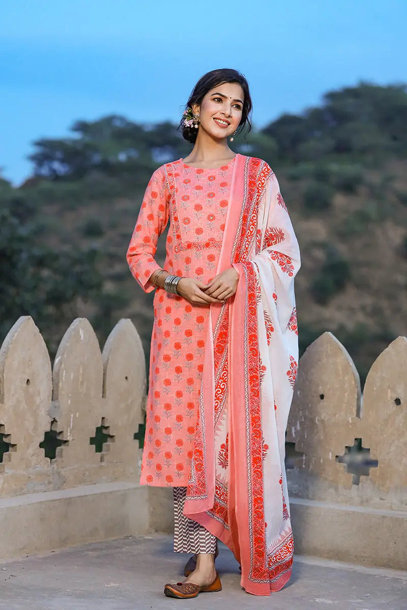 Pink Cotton Straight Suit Set | SHOBITAM
