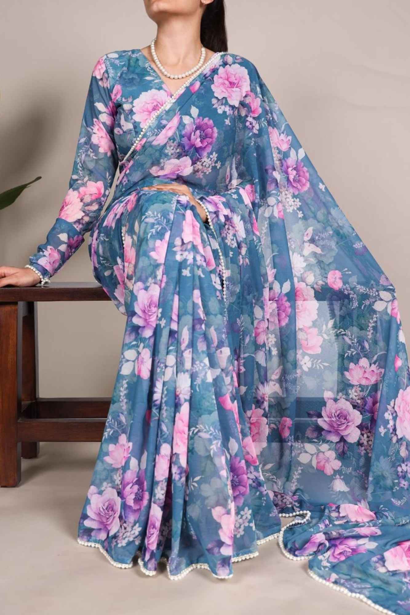 Blue Weightless Marble-Printed with Pearl Lace Border Ready To wear Saree