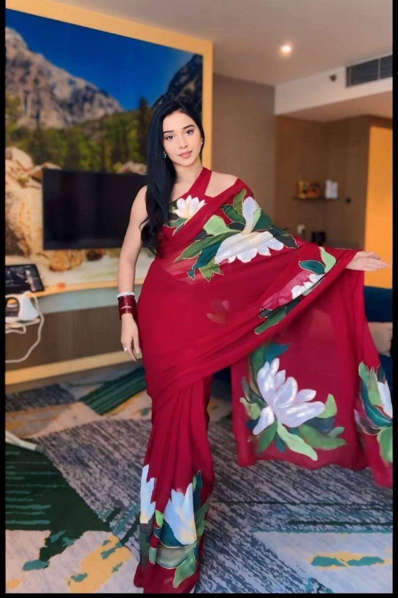 Soft Georgette in Maroon with Bold White and Green Floral Prints Ready To Wear Saree