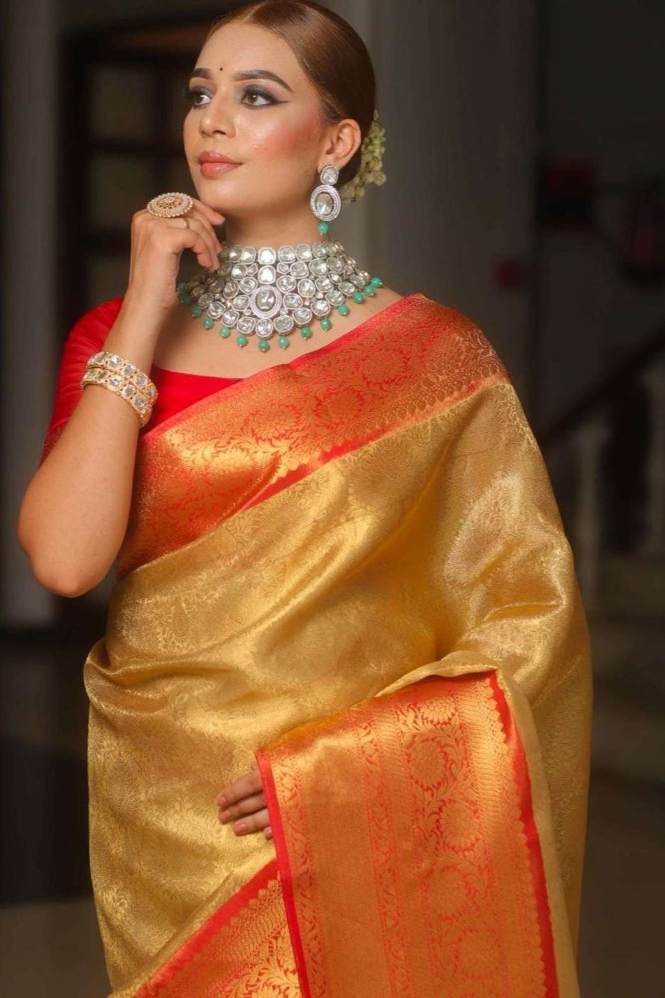 Organza Silk Tissue with Golden Zari Jaal & Red Contrast Ready To Wear Saree
