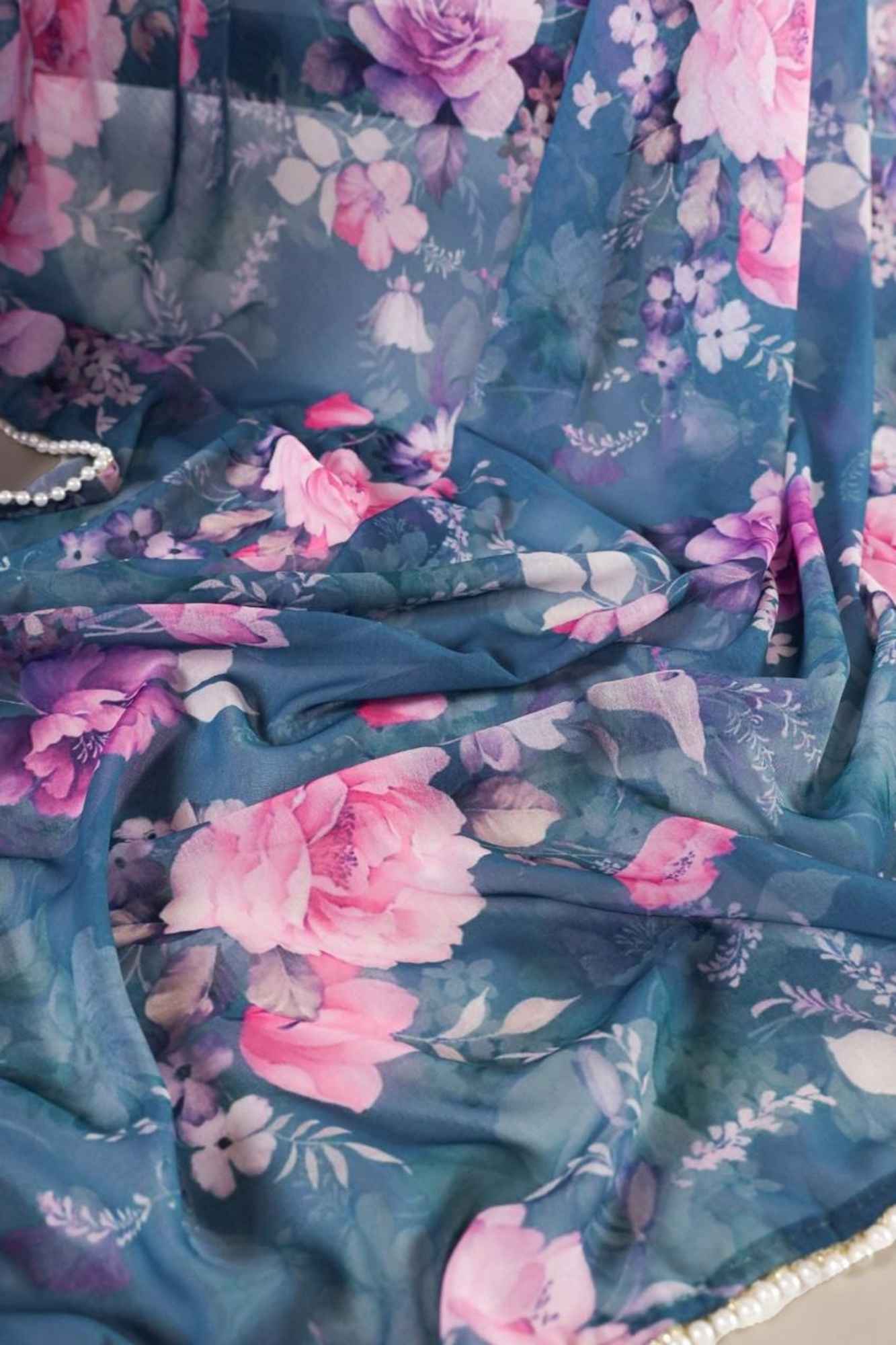 Blue Weightless Marble-Printed with Pearl Lace Border Ready To wear Saree