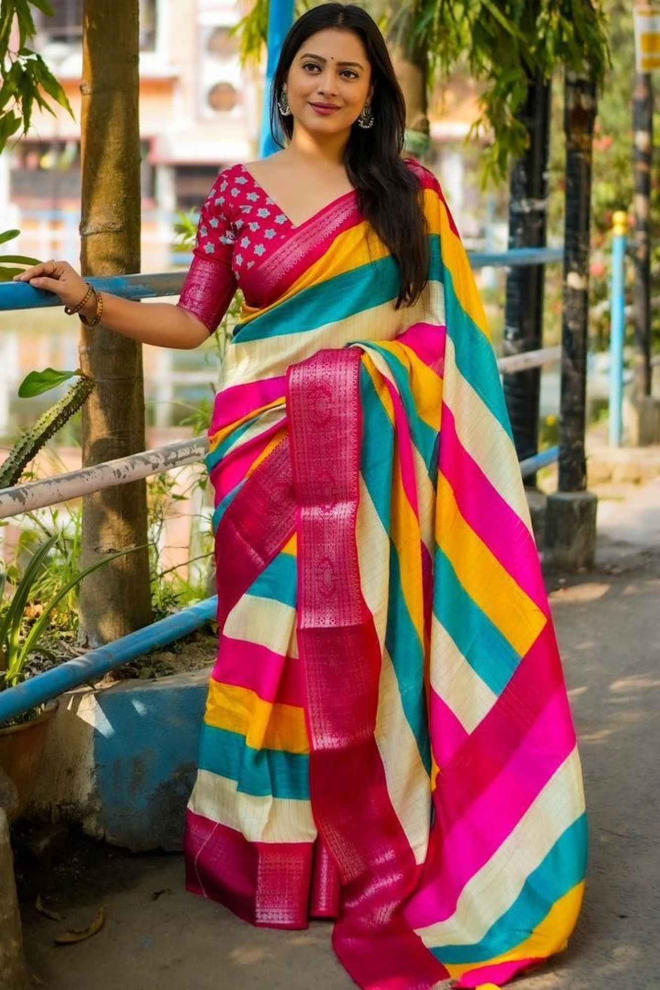 Cotton Crepe Vibrant Multicolor with Intricate Border Work Ready To Wear Saree