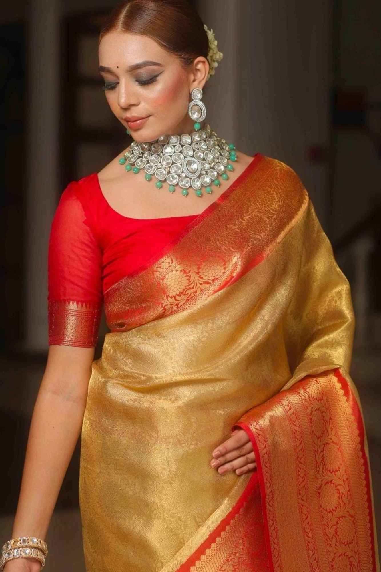 Organza Silk Tissue with Golden Zari Jaal & Red Contrast Ready To Wear Saree