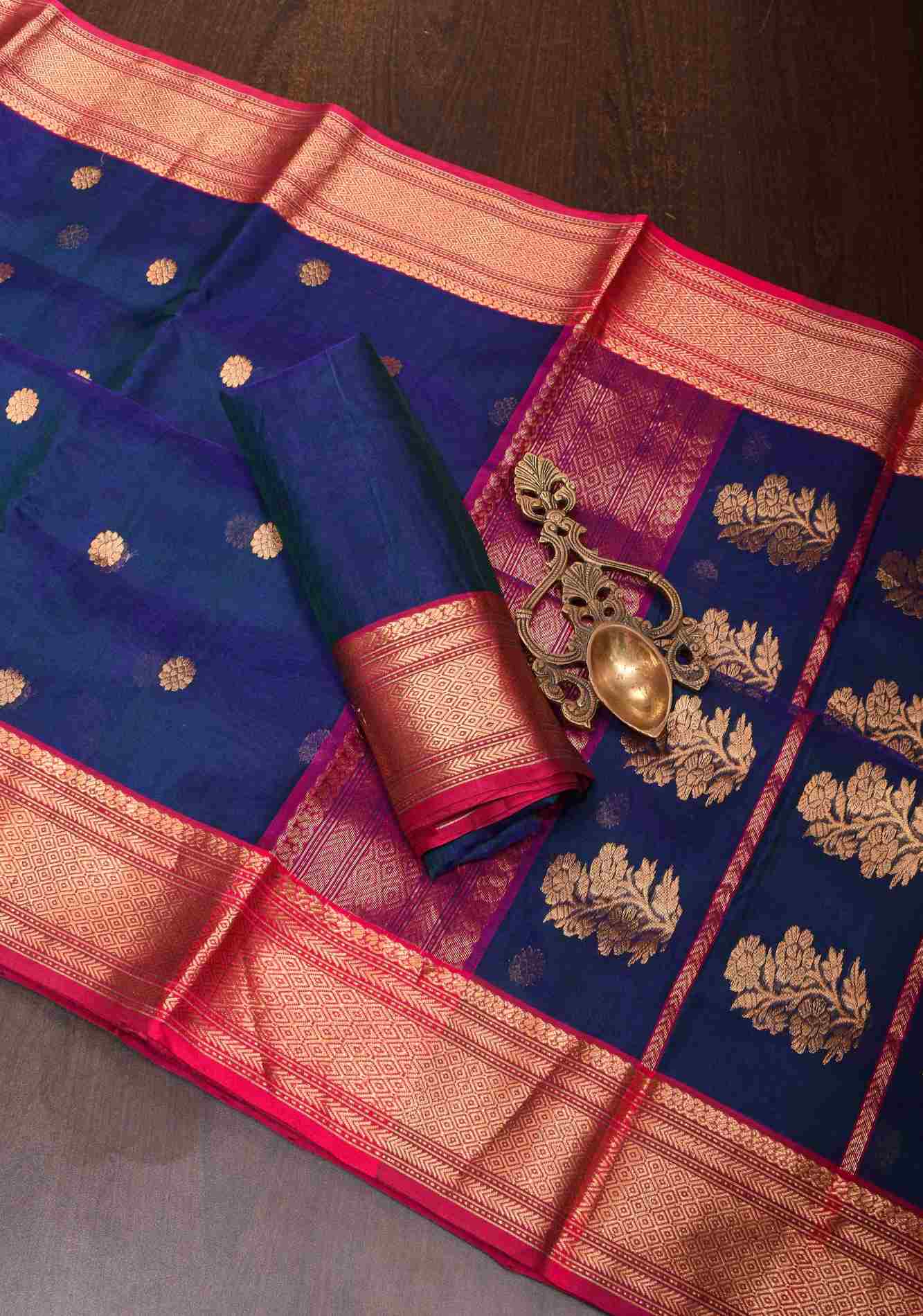 Bhagyashree Exquisite Chanderi Silk Saree in Peacock Blue Dualtone with Zari Buttas and Zari Borders