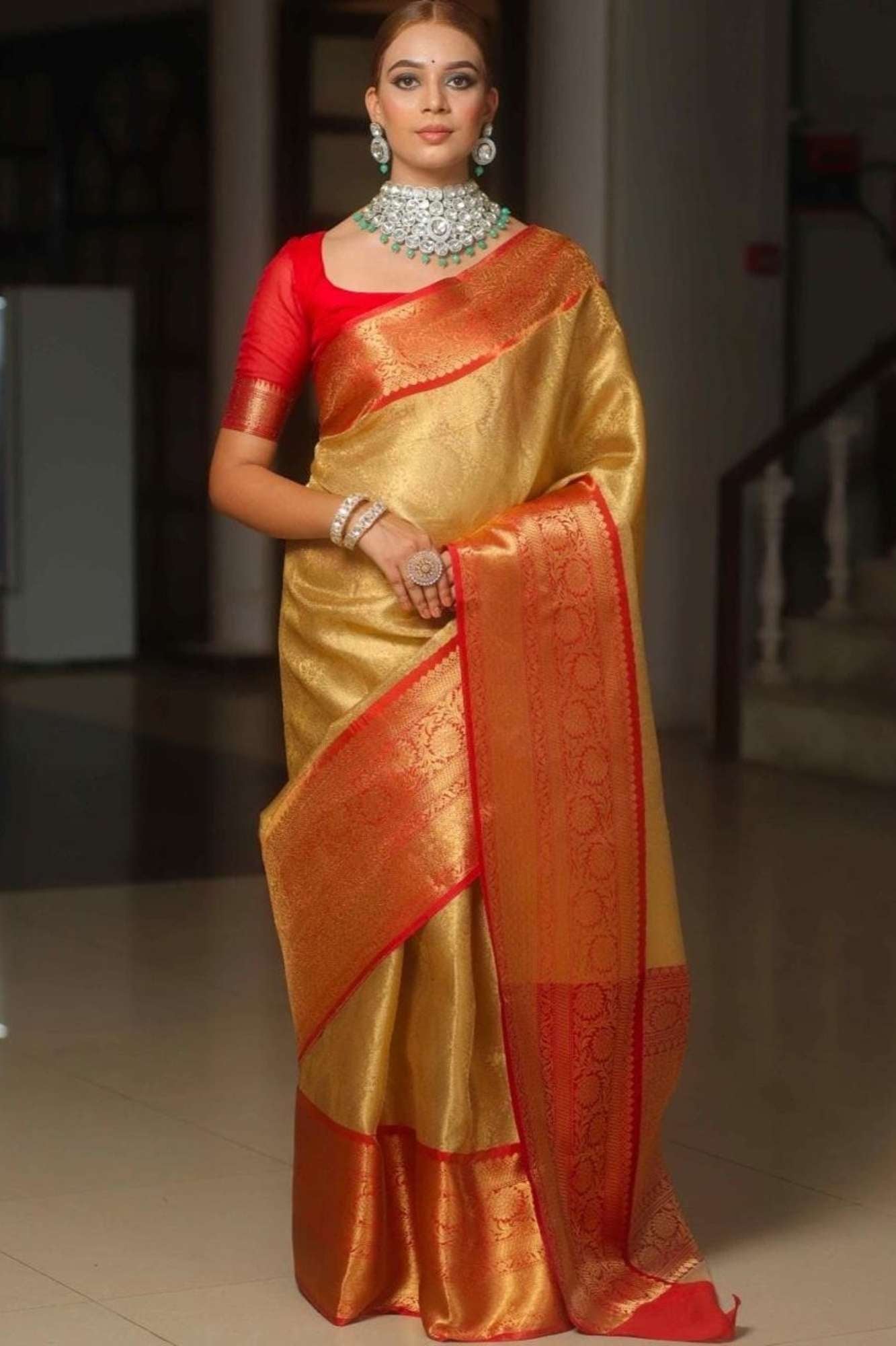 Organza Silk Tissue with Golden Zari Jaal & Red Contrast Ready To Wear Saree