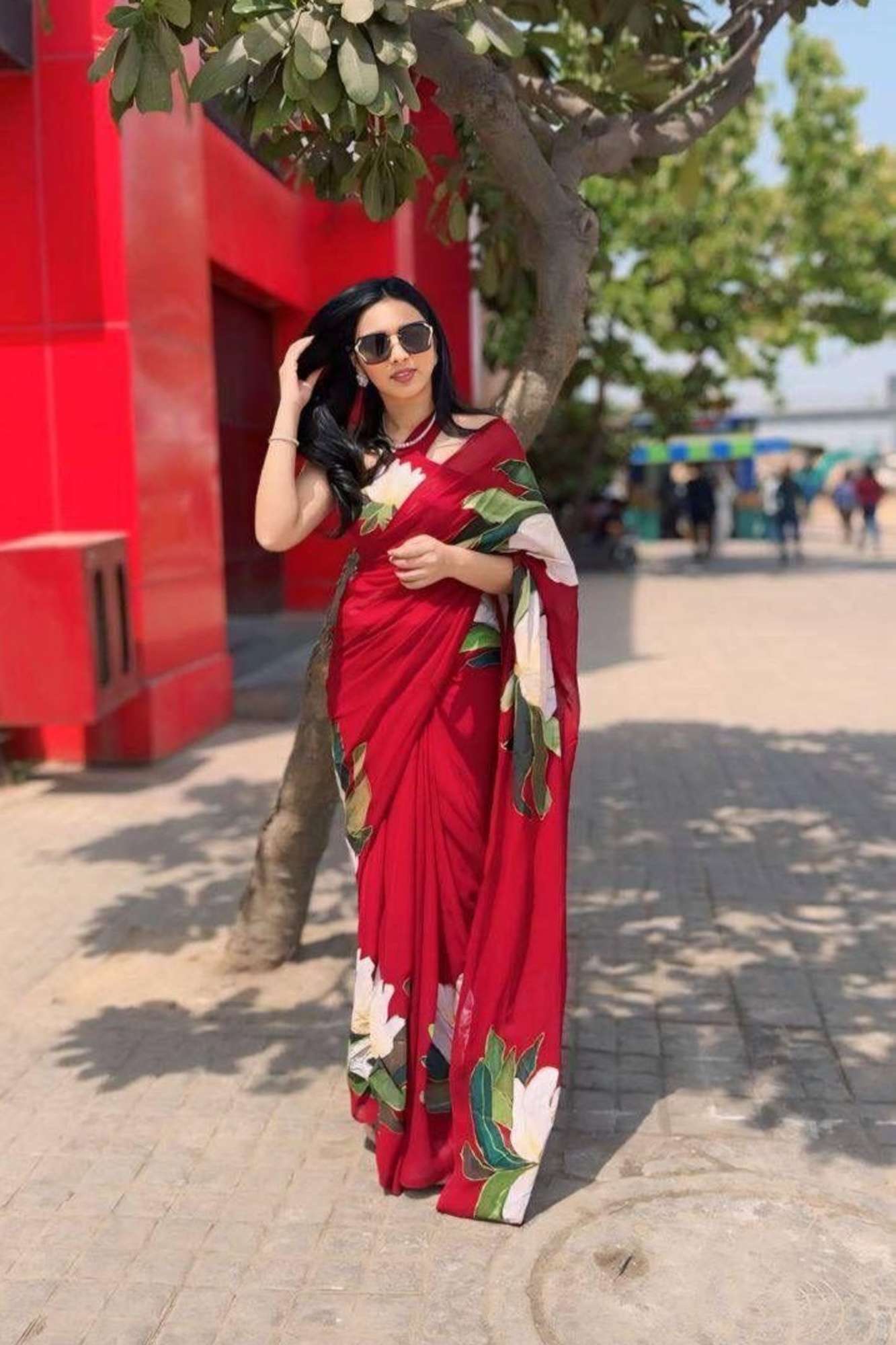 Soft Georgette in Maroon with Bold White and Green Floral Prints Ready To Wear Saree