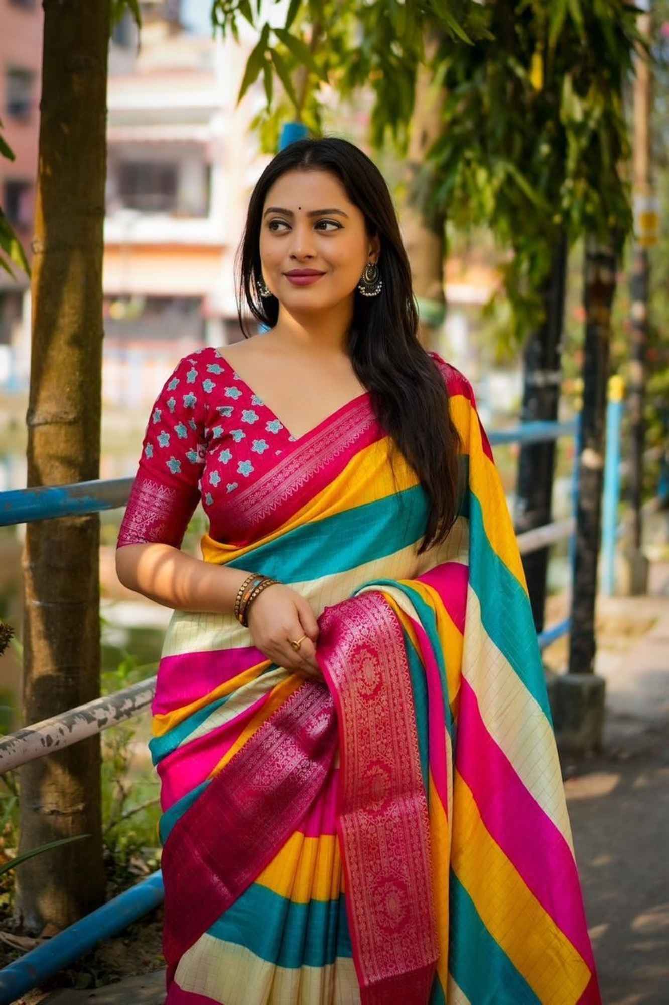 Cotton Crepe Vibrant Multicolor with Intricate Border Work Ready To Wear Saree