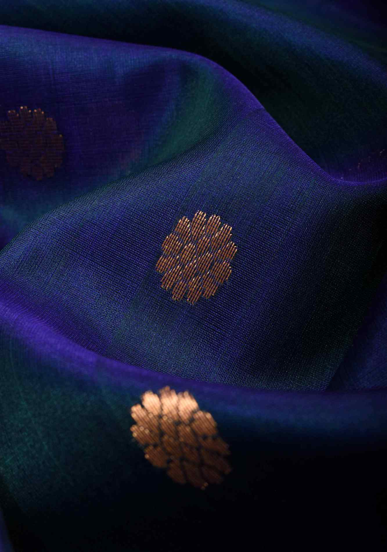 Bhagyashree Exquisite Chanderi Silk Saree in Peacock Blue Dualtone with Zari Buttas and Zari Borders