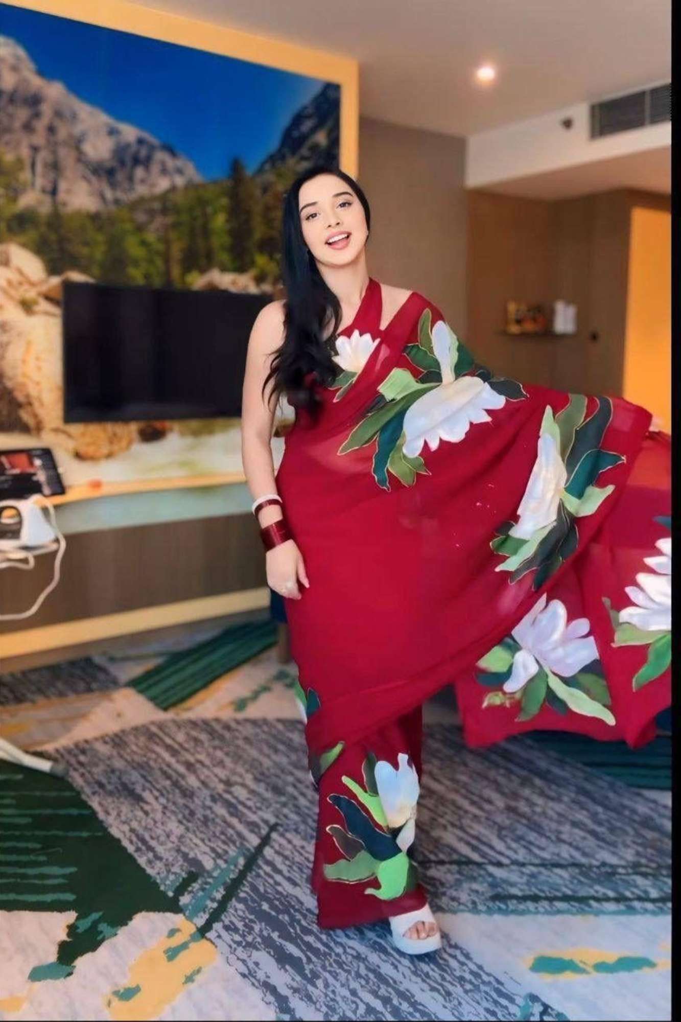 Soft Georgette in Maroon with Bold White and Green Floral Prints Ready To Wear Saree