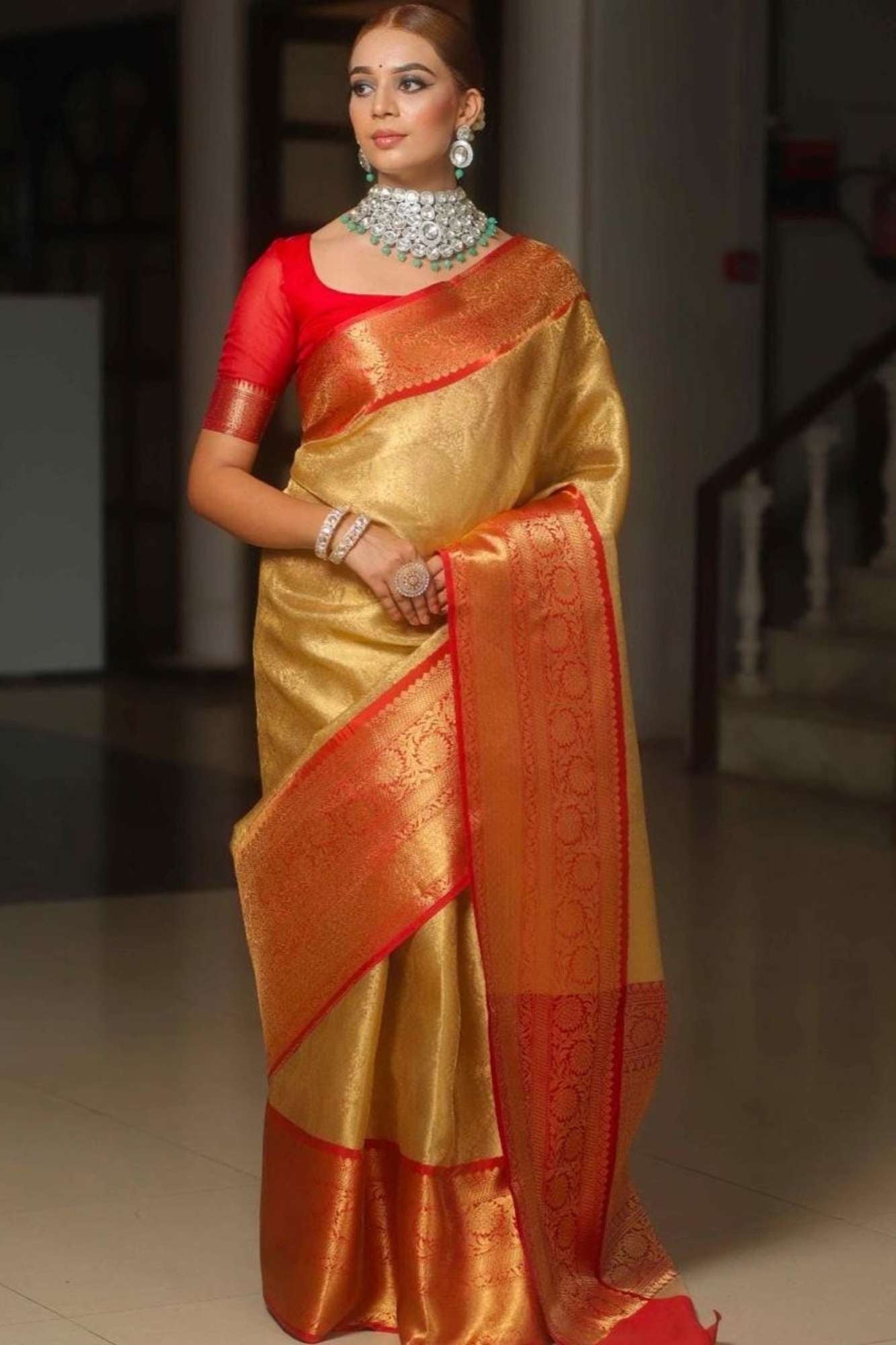 Organza Silk Tissue with Golden Zari Jaal & Red Contrast Ready To Wear Saree