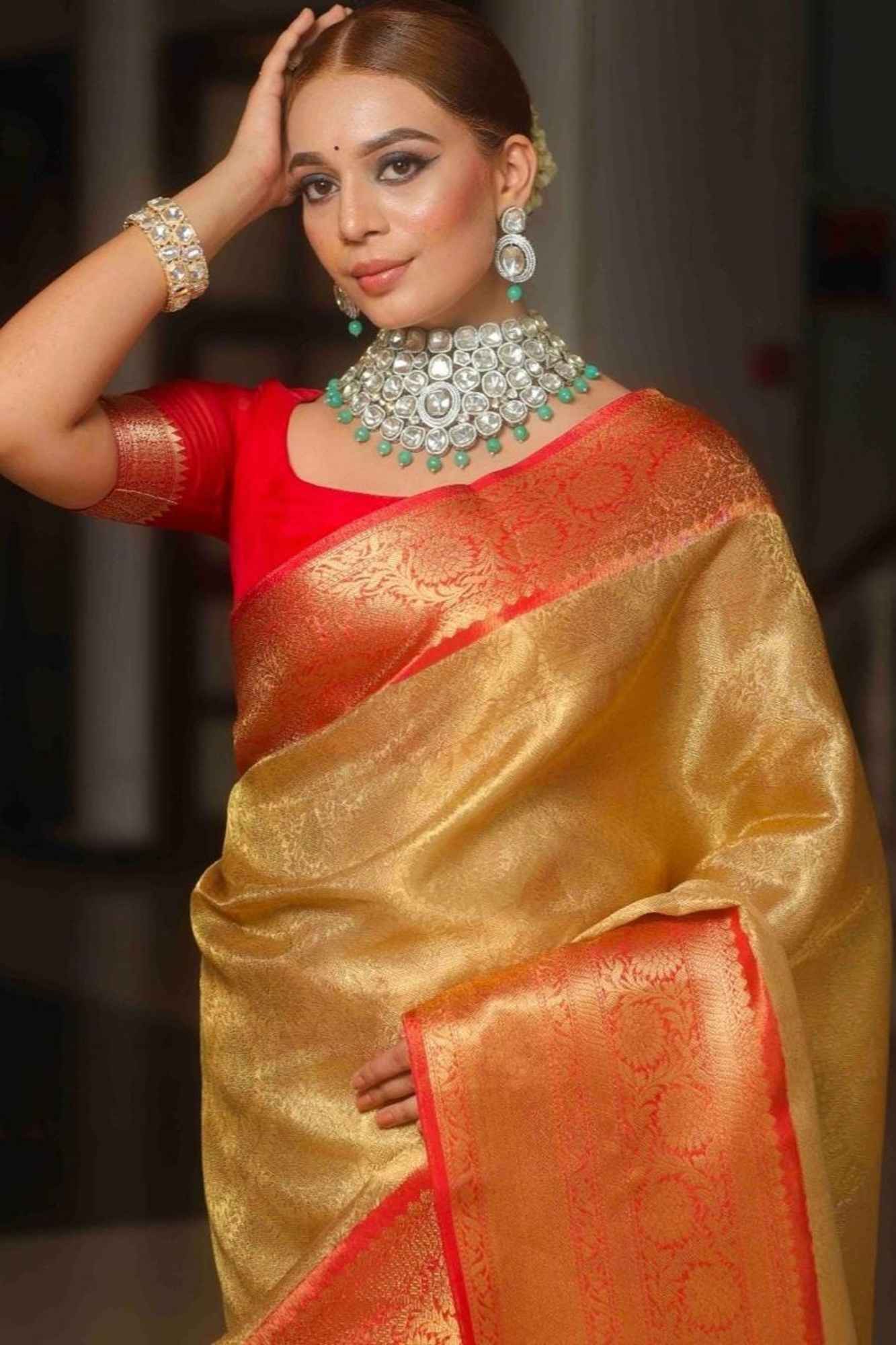 Organza Silk Tissue with Golden Zari Jaal & Red Contrast Ready To Wear Saree