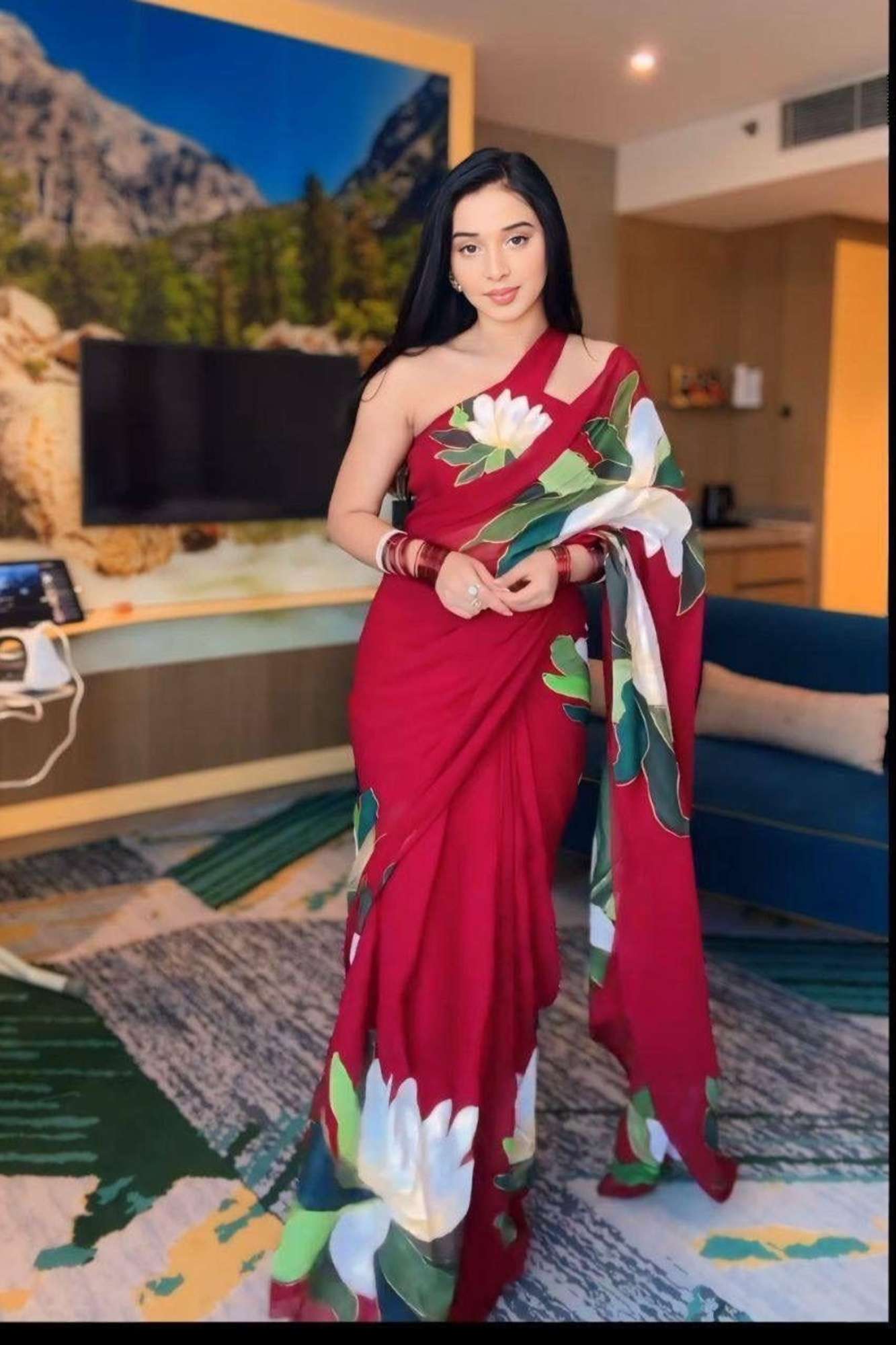 Soft Georgette in Maroon with Bold White and Green Floral Prints Ready To Wear Saree