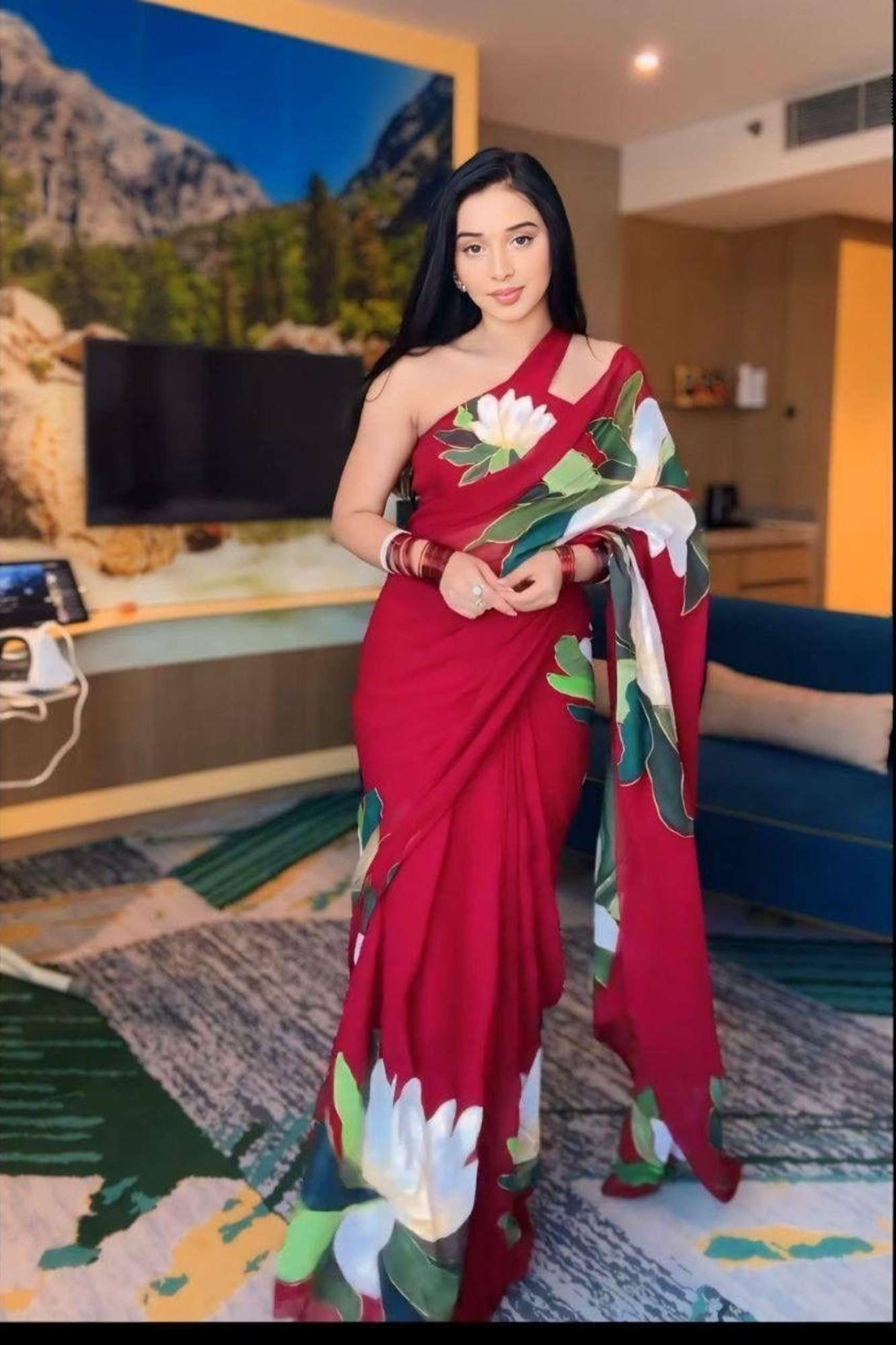 Soft Georgette in Maroon with Bold White and Green Floral Prints Ready To Wear Saree