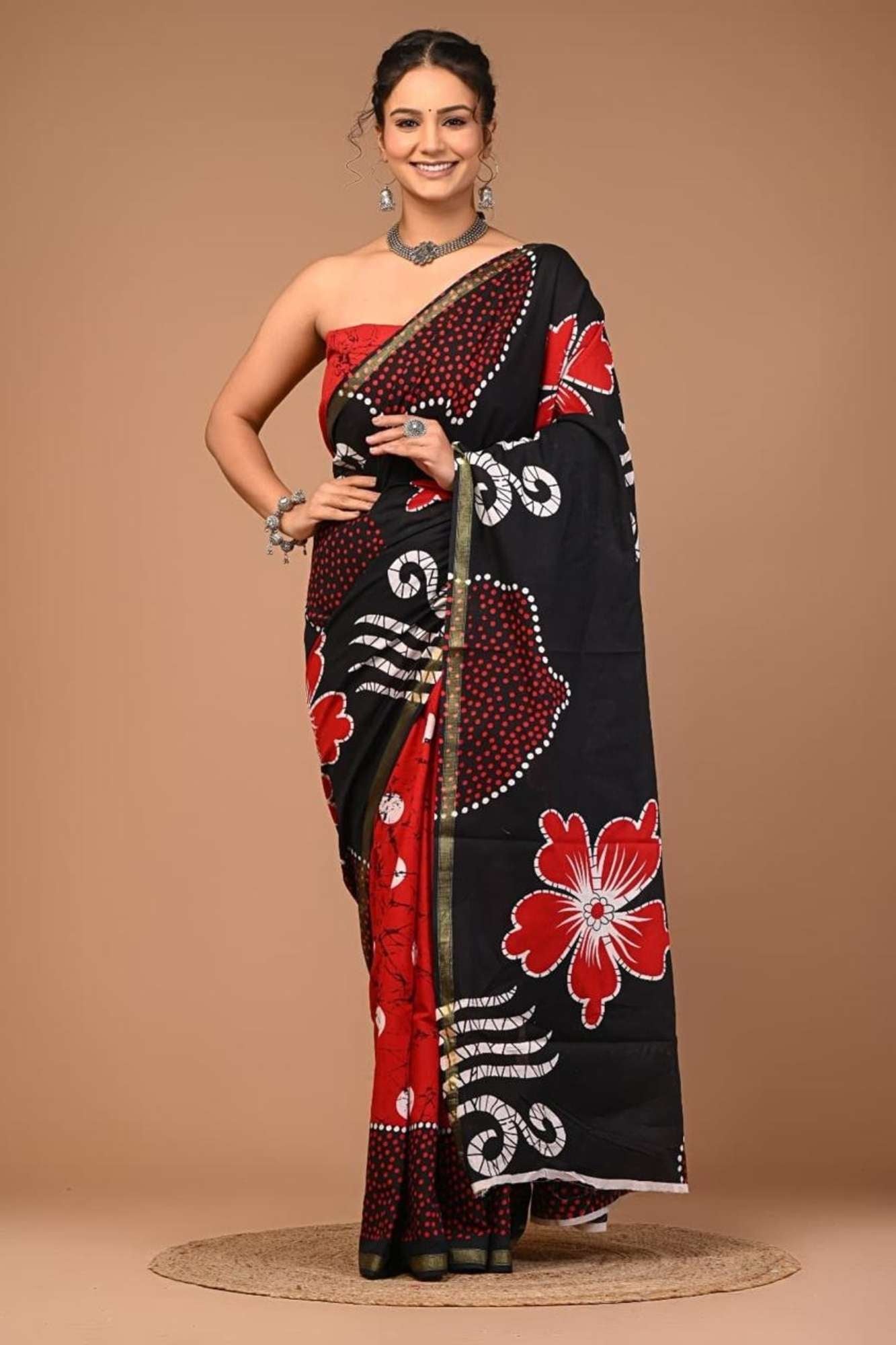 Cotton Batik Print in Black & Red with Floral Motifs Ready To Wear Saree
