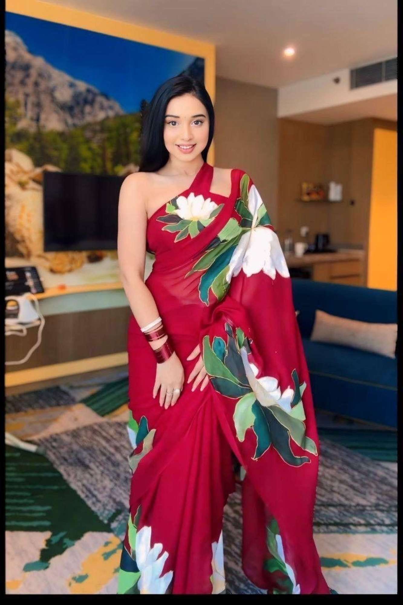 Soft Georgette in Maroon with Bold White and Green Floral Prints Ready To Wear Saree