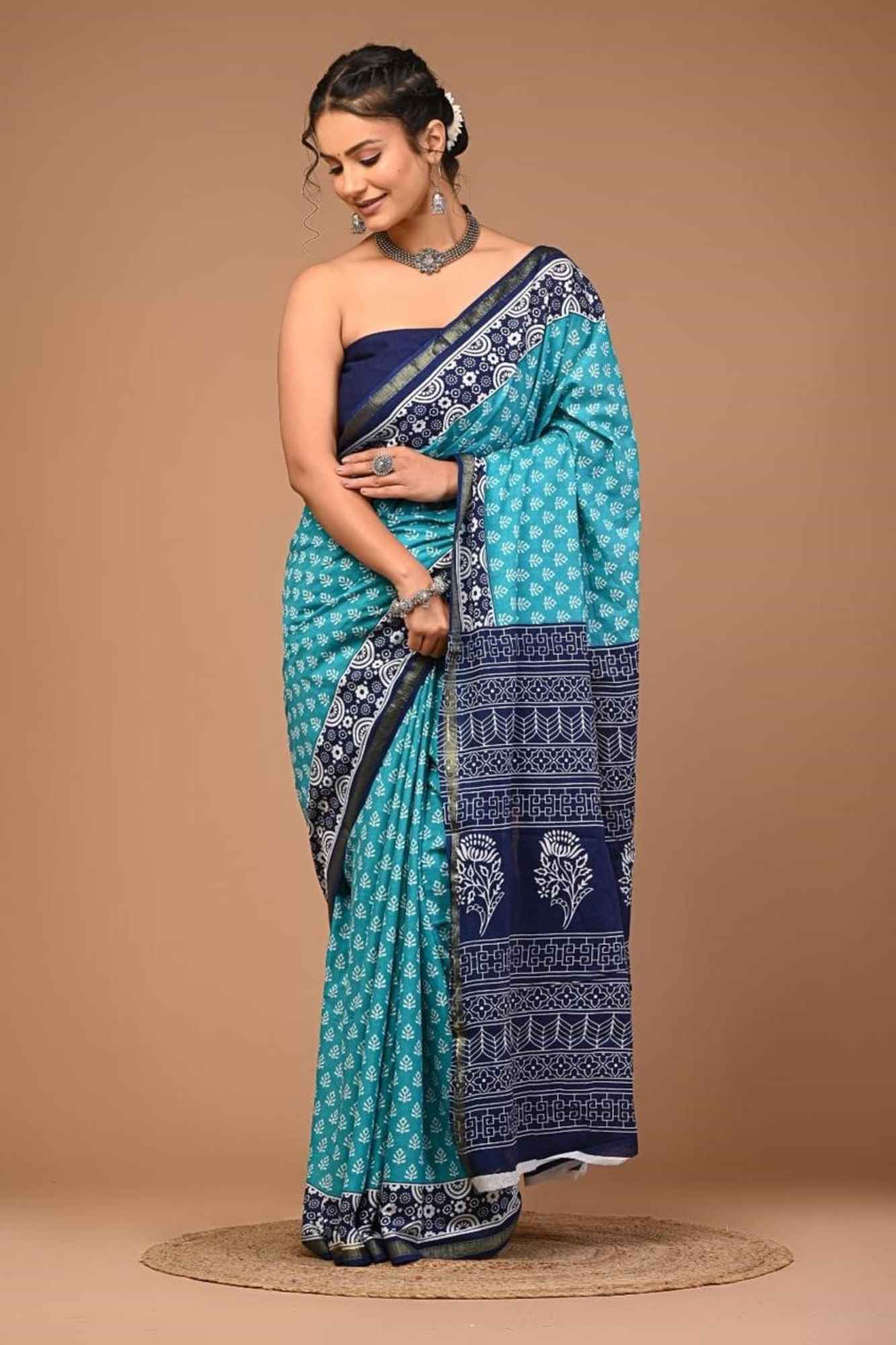 Cotton Jaipuri Printed in Light Blue with Floral Design Ready To Wear Saree