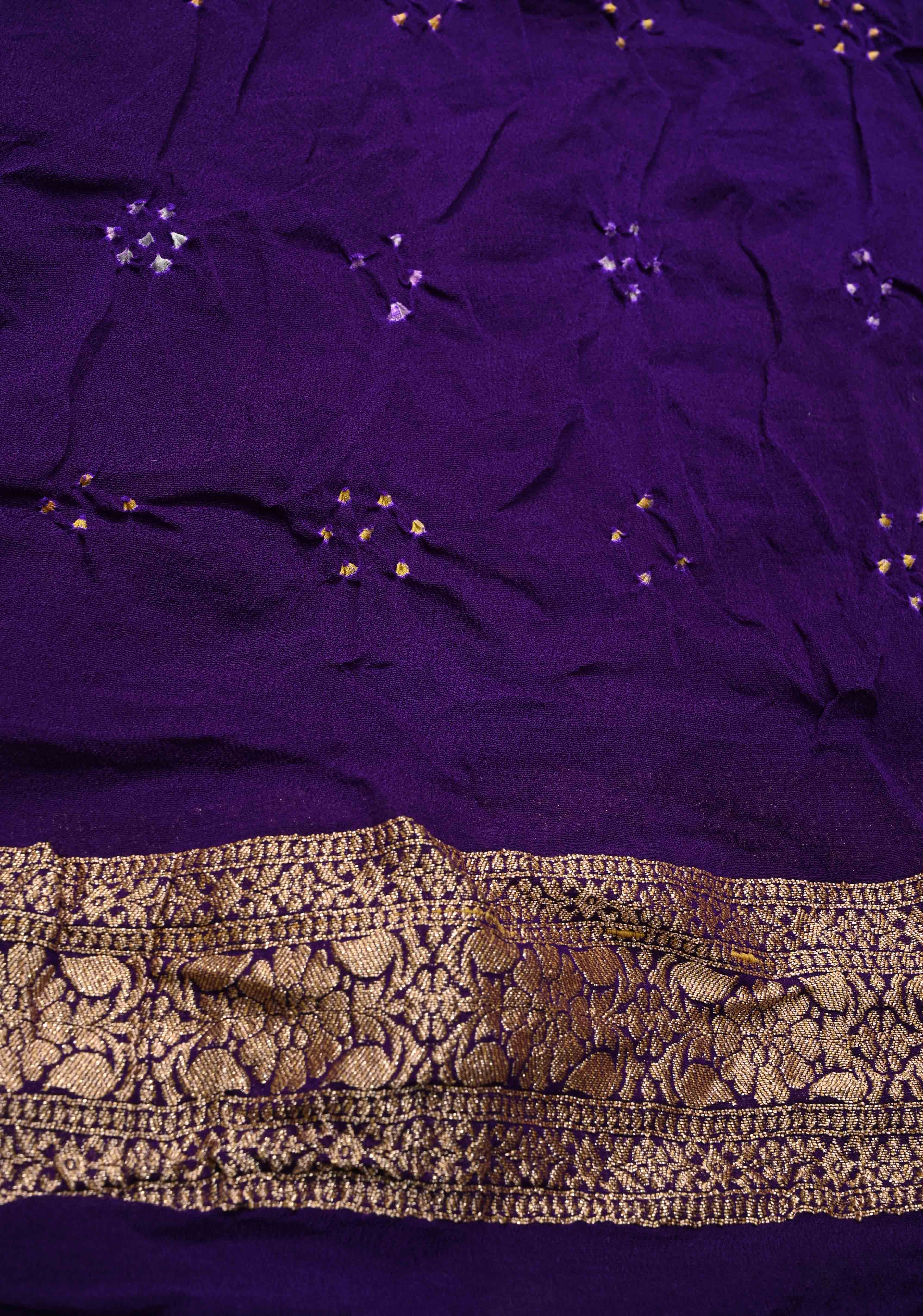 Authentic Rainbow Hand Bandhej Banarasi Jaal Silk Georgette Saree with Purple Zari Border | SILK MARK CERTIFIED