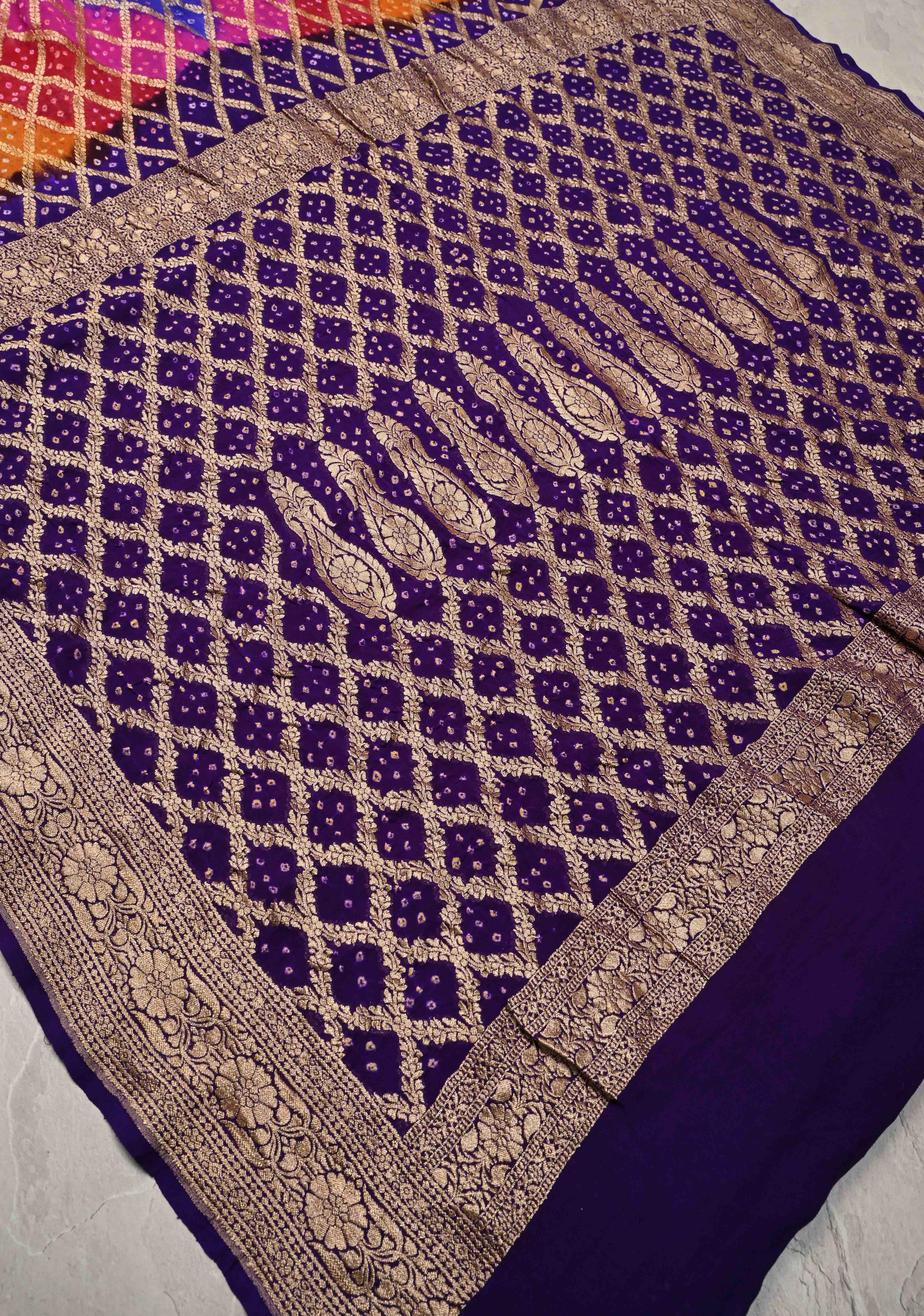 Authentic Rainbow Hand Bandhej Banarasi Jaal Silk Georgette Saree with Purple Zari Border | SILK MARK CERTIFIED
