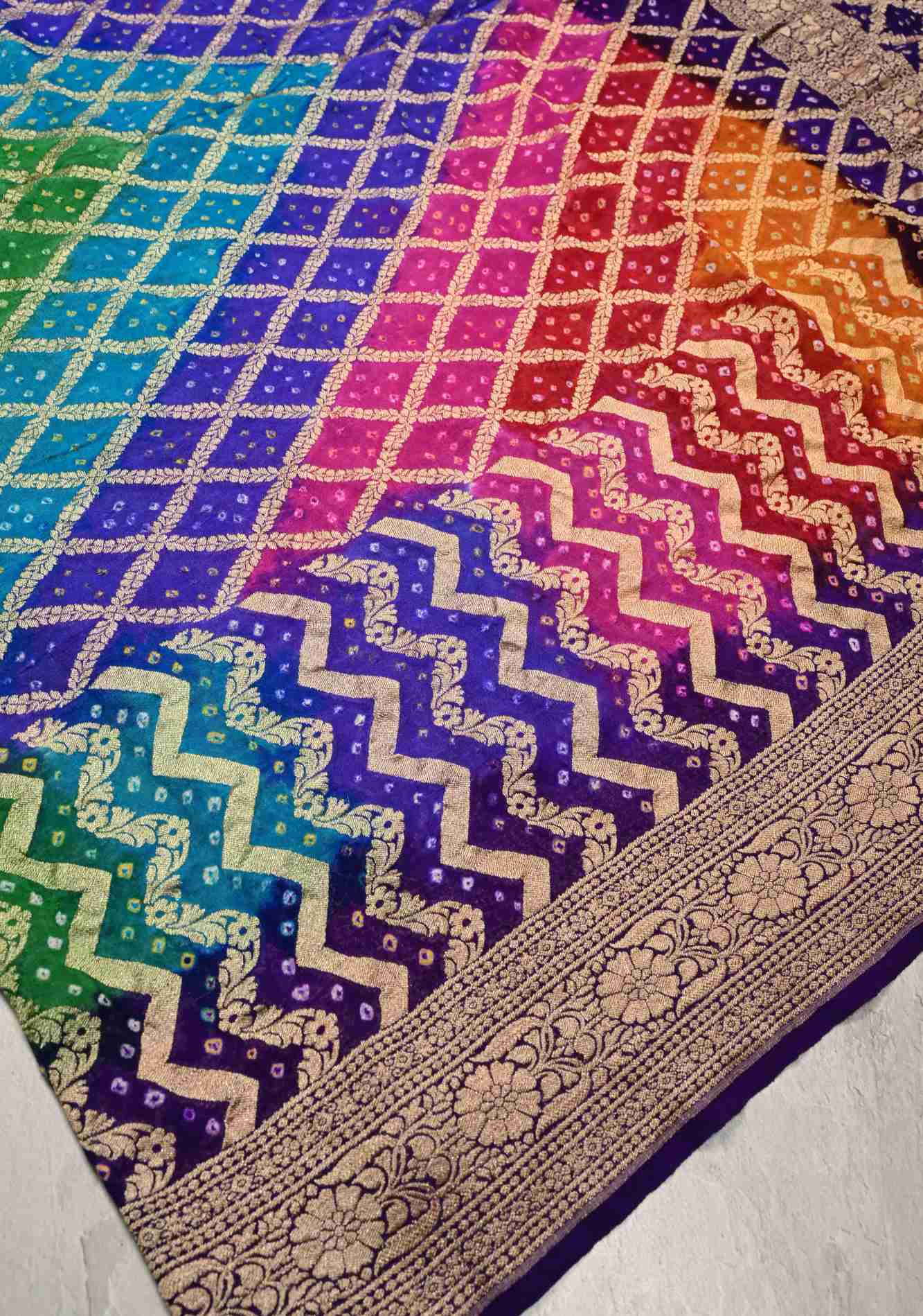 Authentic Rainbow Hand Bandhej Banarasi Jaal Silk Georgette Saree with Purple Zari Border | SILK MARK CERTIFIED Ready To Wear Saree