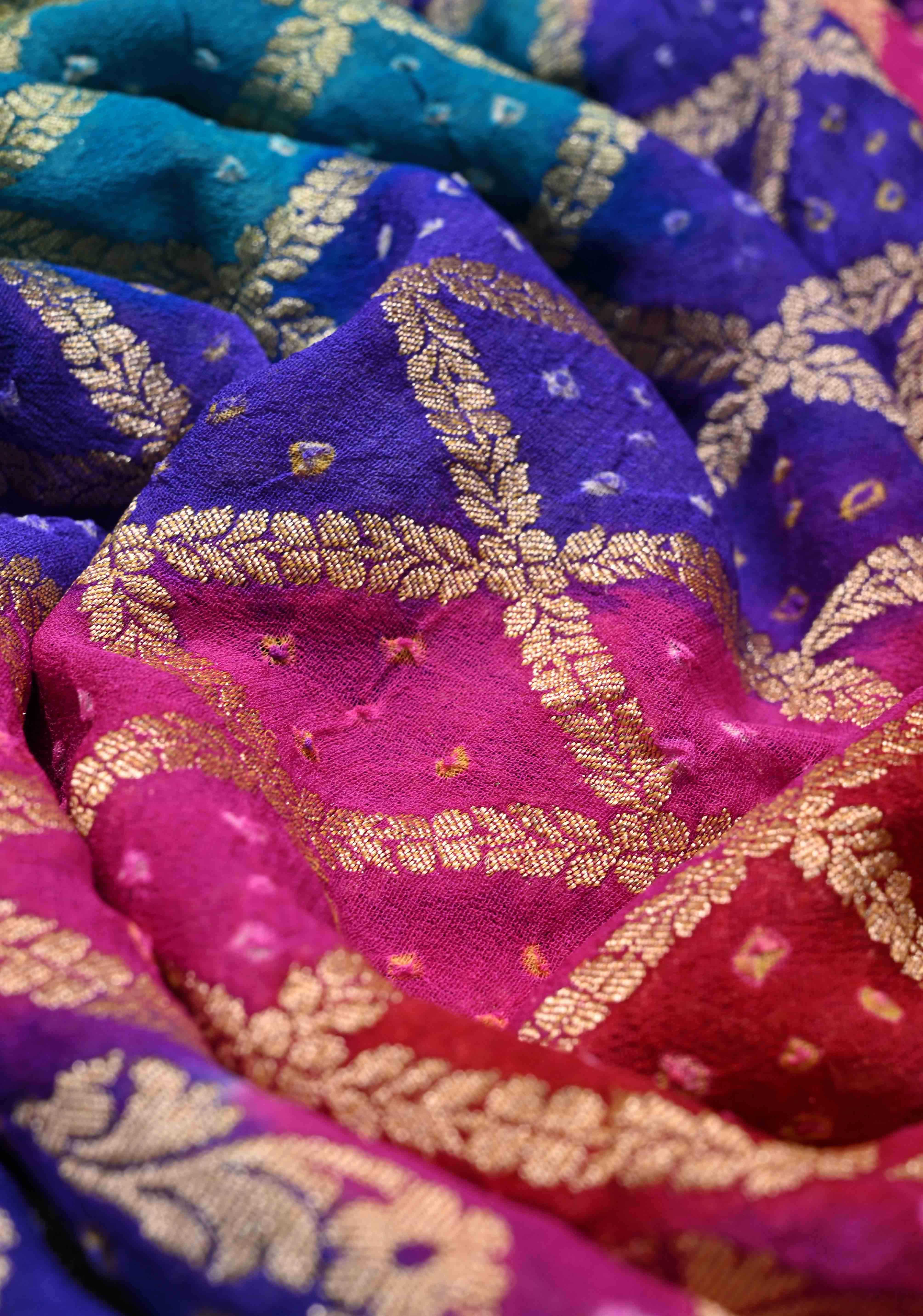 Authentic Rainbow Hand Bandhej Banarasi Jaal Silk Georgette Saree with Purple Zari Border | SILK MARK CERTIFIED