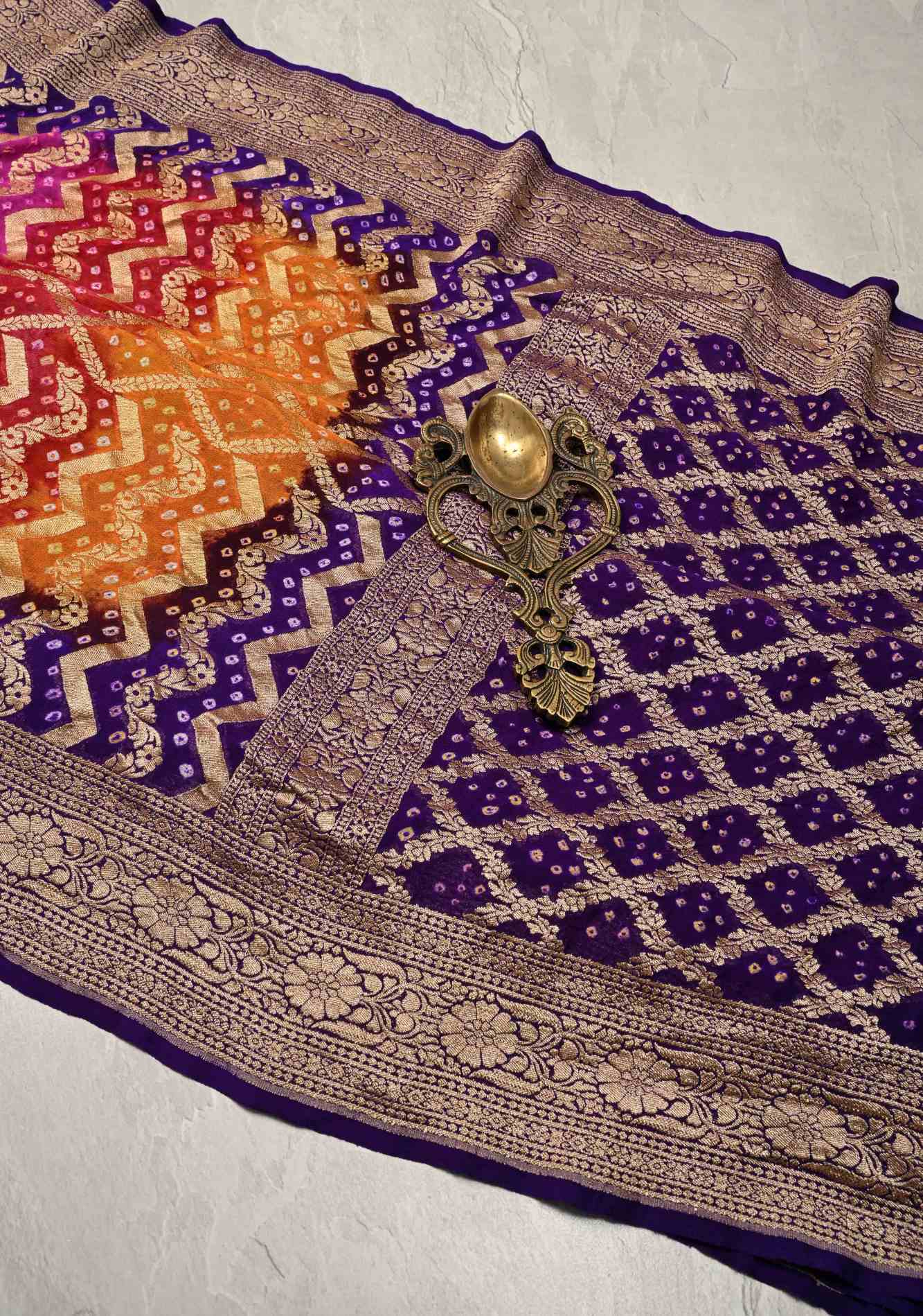 Authentic Rainbow Hand Bandhej Banarasi Jaal Silk Georgette Saree with Purple Zari Border | SILK MARK CERTIFIED Ready To Wear Saree