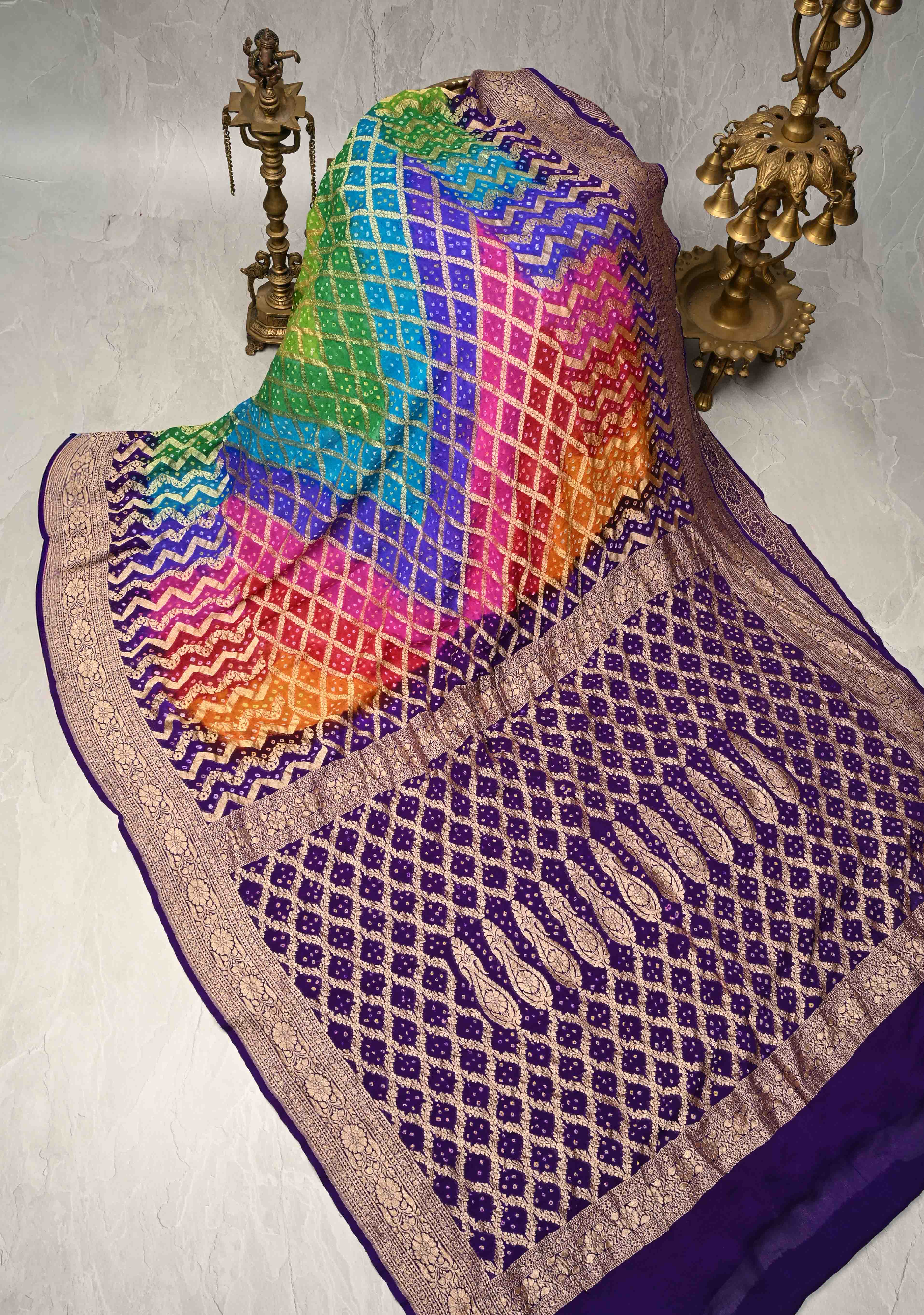 Authentic Rainbow Hand Bandhej Banarasi Jaal Silk Georgette Saree with Purple Zari Border | SILK MARK CERTIFIED
