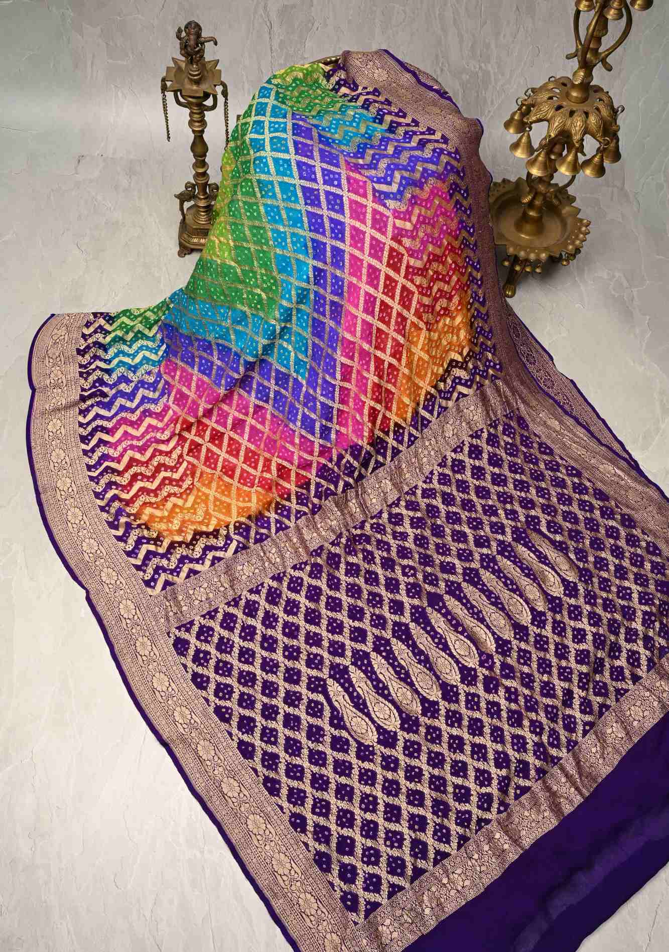 Authentic Rainbow Hand Bandhej Banarasi Jaal Silk Georgette Saree with Purple Zari Border | SILK MARK CERTIFIED Ready To Wear Saree