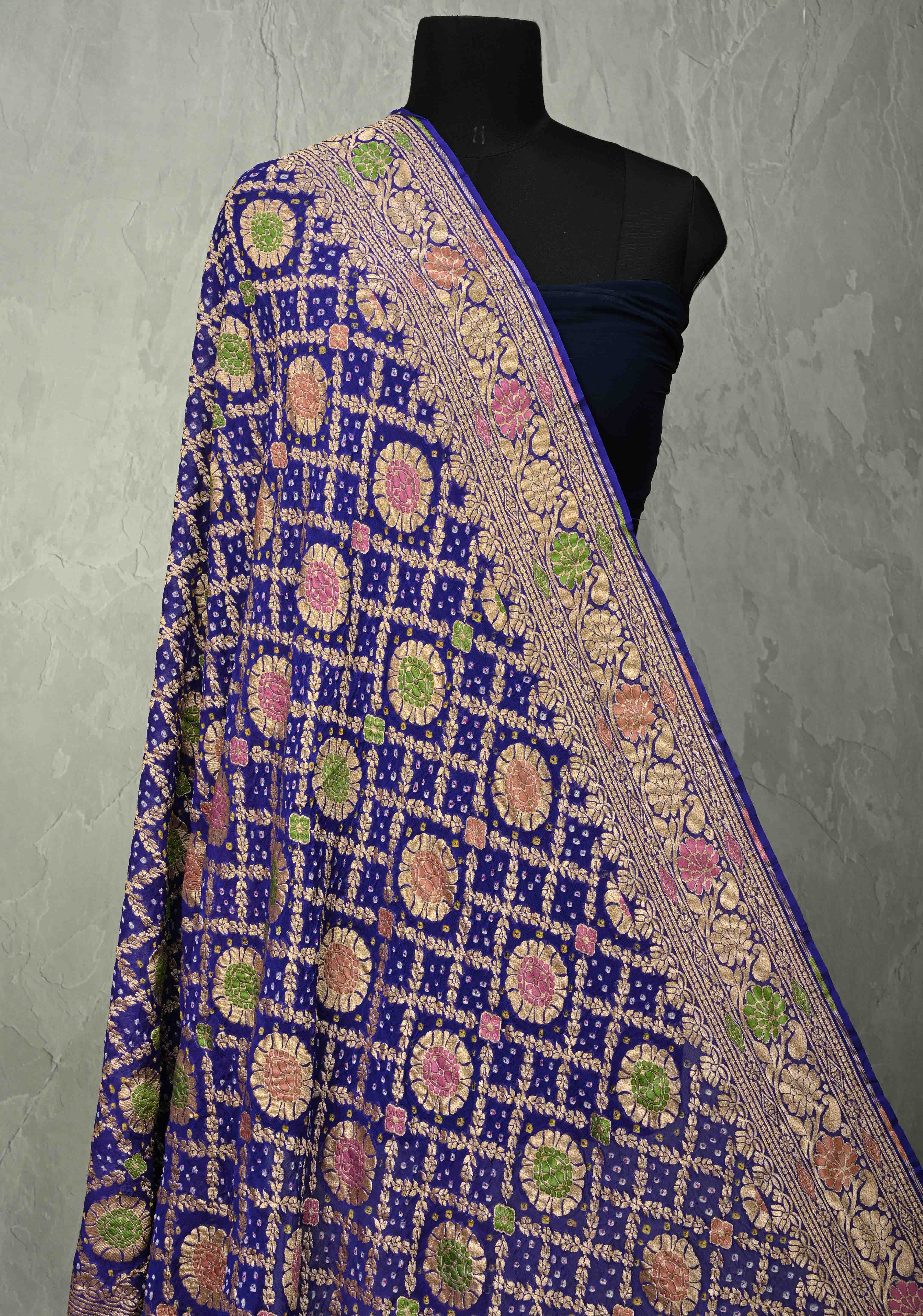 Dupatta - Ink Purple Bandhej Banarasi Silk Georgette Dupatta with Meenakari Floral Motifs and Jaal | SILK MARK CERTIFIED | Shobitam
