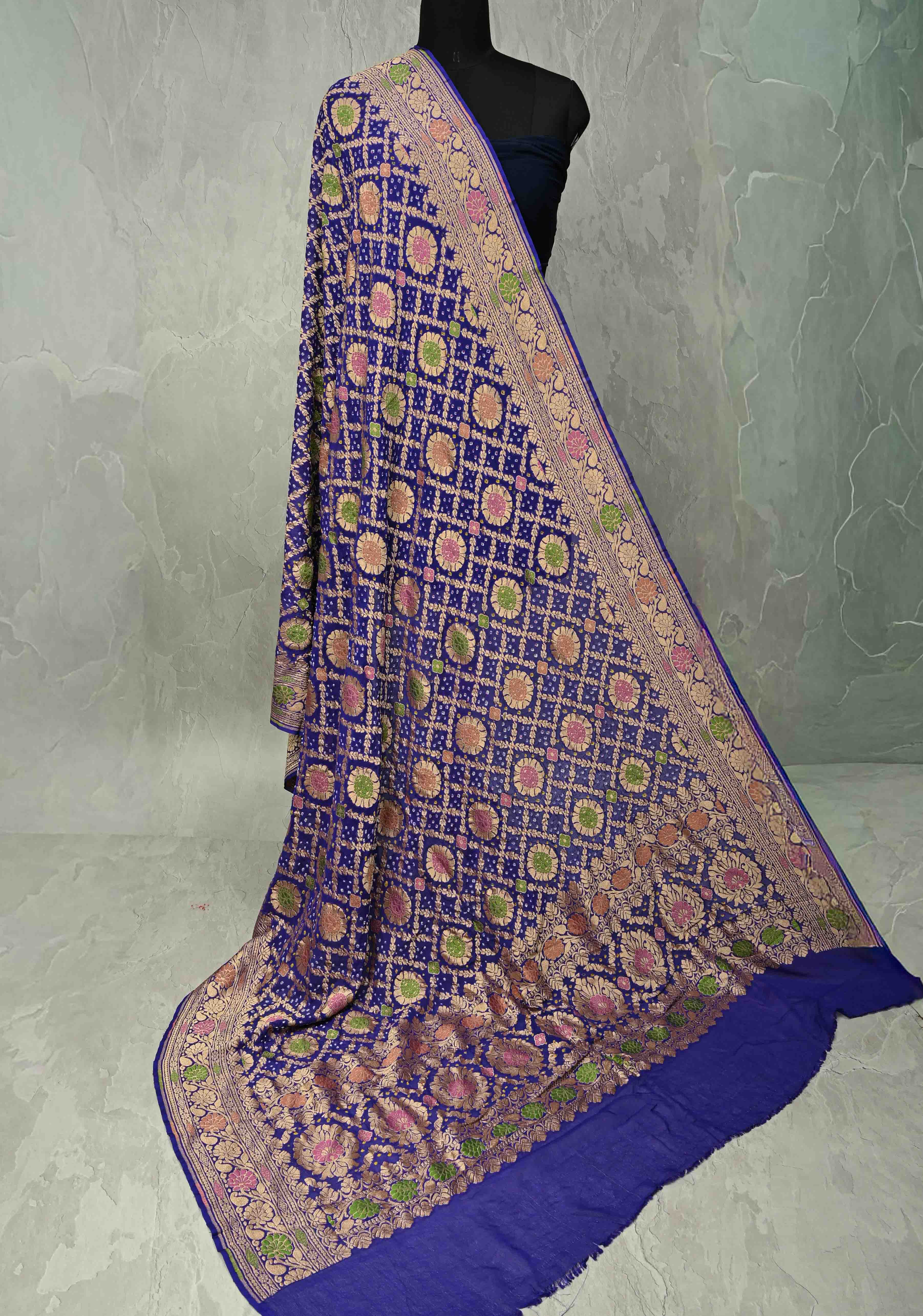 Dupatta - Ink Purple Bandhej Banarasi Silk Georgette Dupatta with Meenakari Floral Motifs and Jaal | SILK MARK CERTIFIED | Shobitam