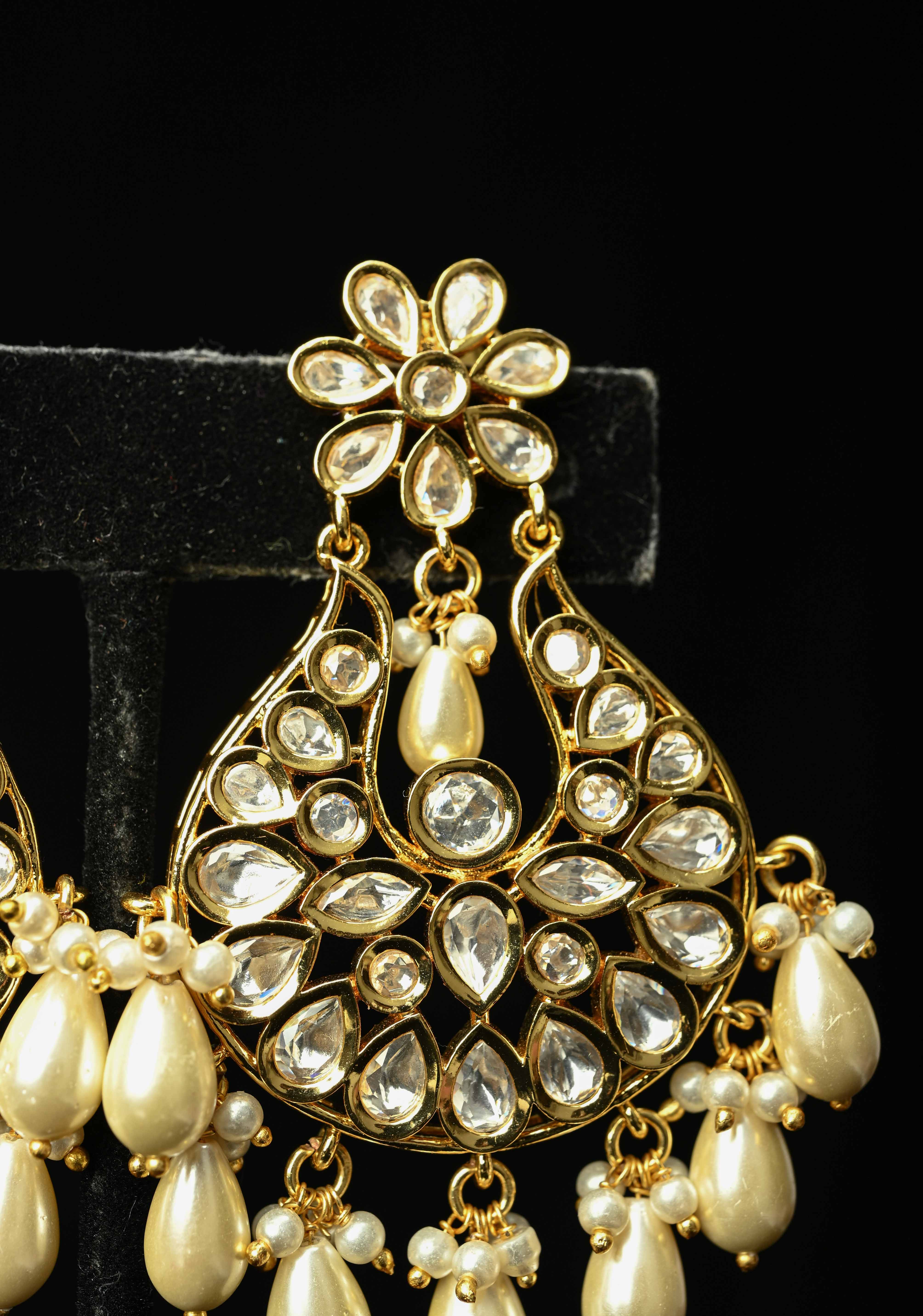 jaipuri Chandbali earrings with handset White Kundan | Shobitam