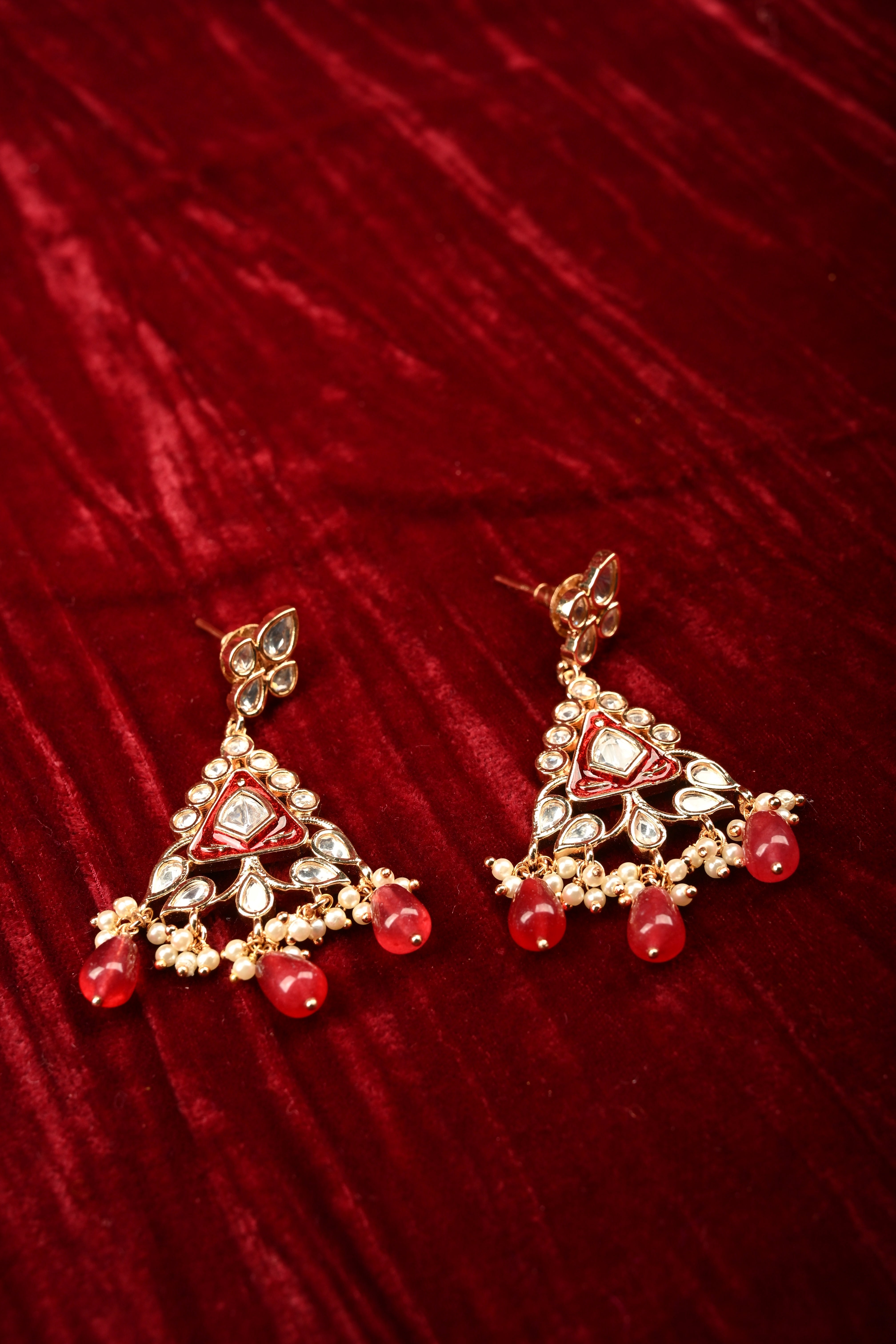 Triangular Kundan and Red Drop Earrings | Shobitam
