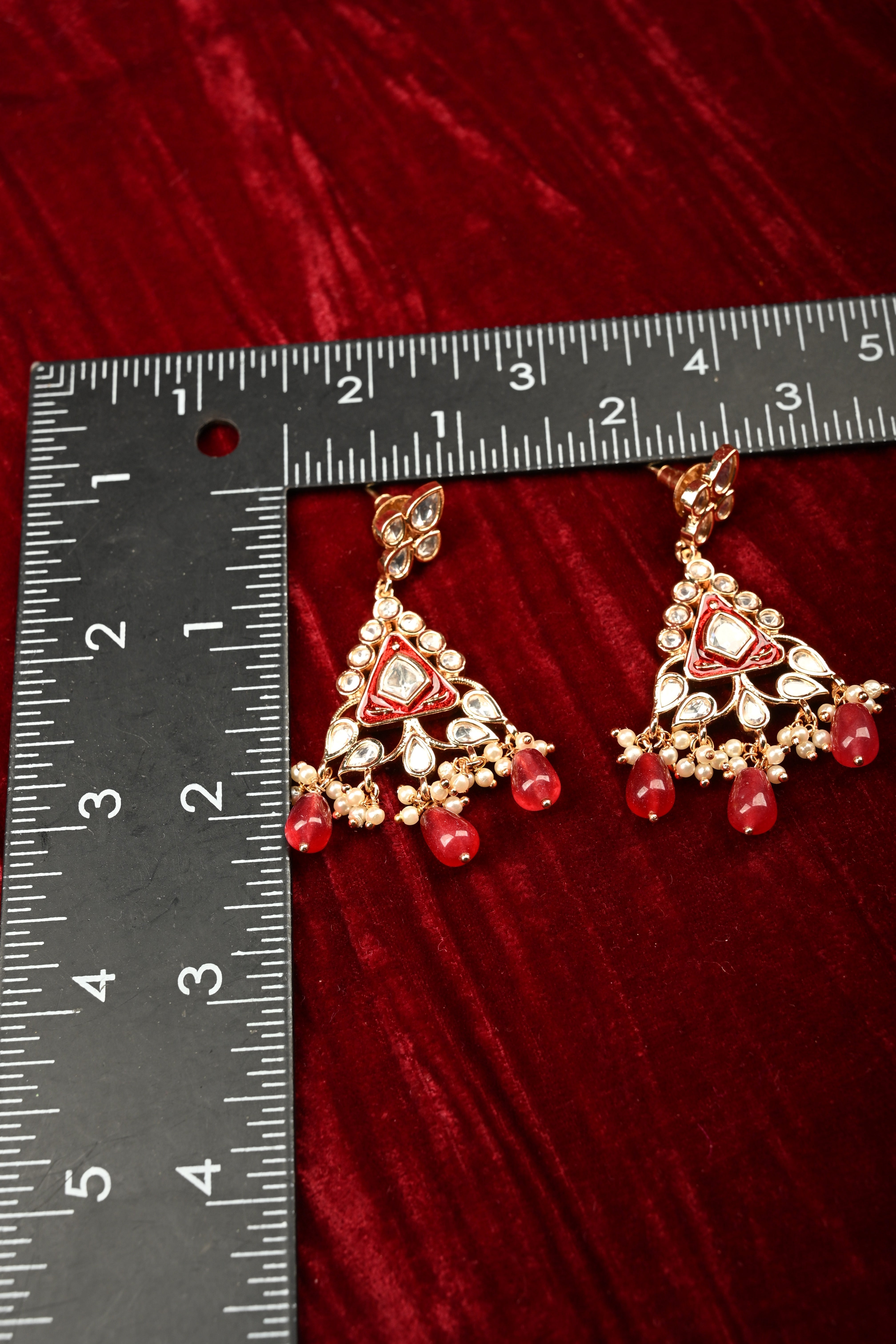 Triangular Kundan and Red Drop Earrings | Shobitam