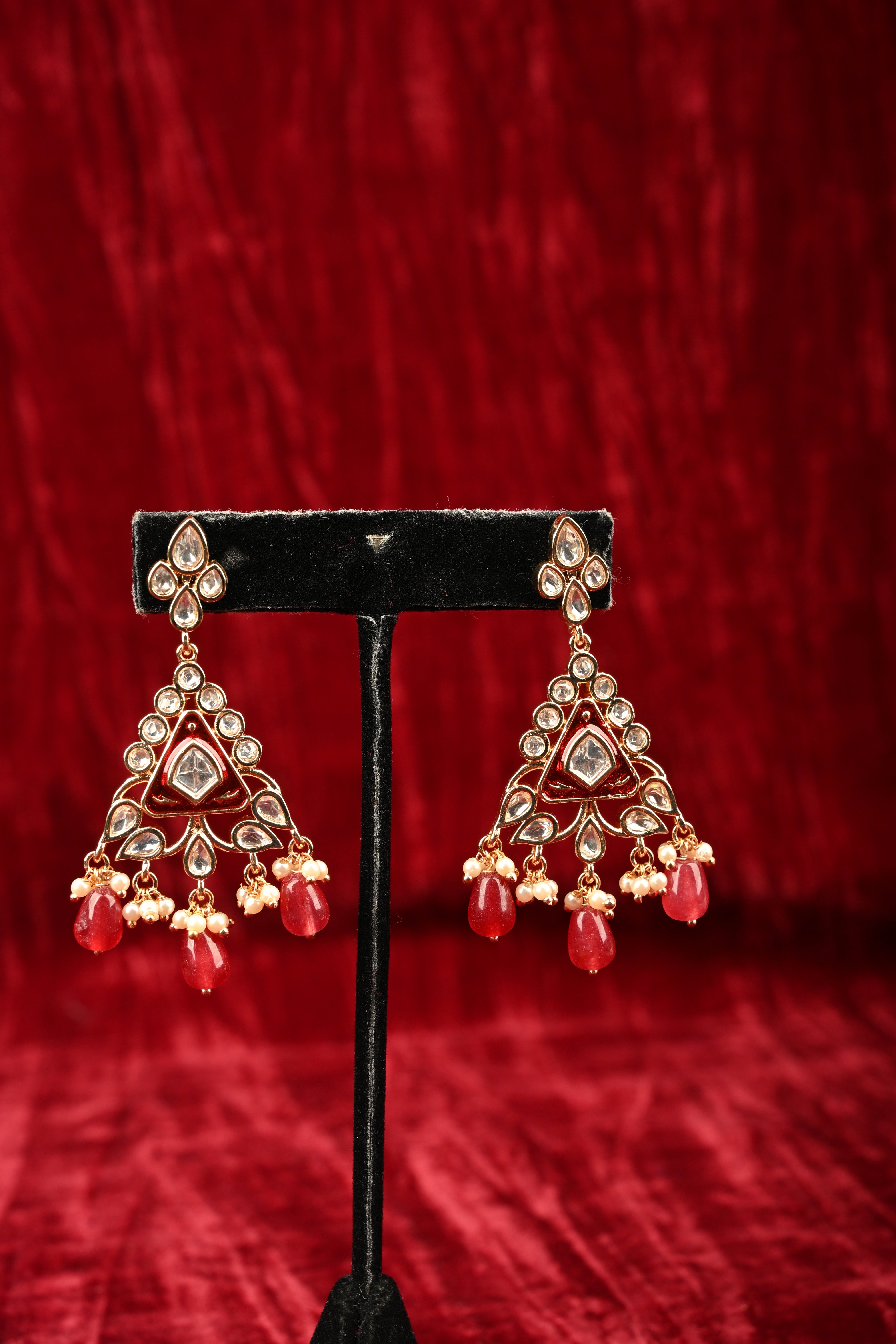 Triangular Kundan and Red Drop Earrings | Shobitam