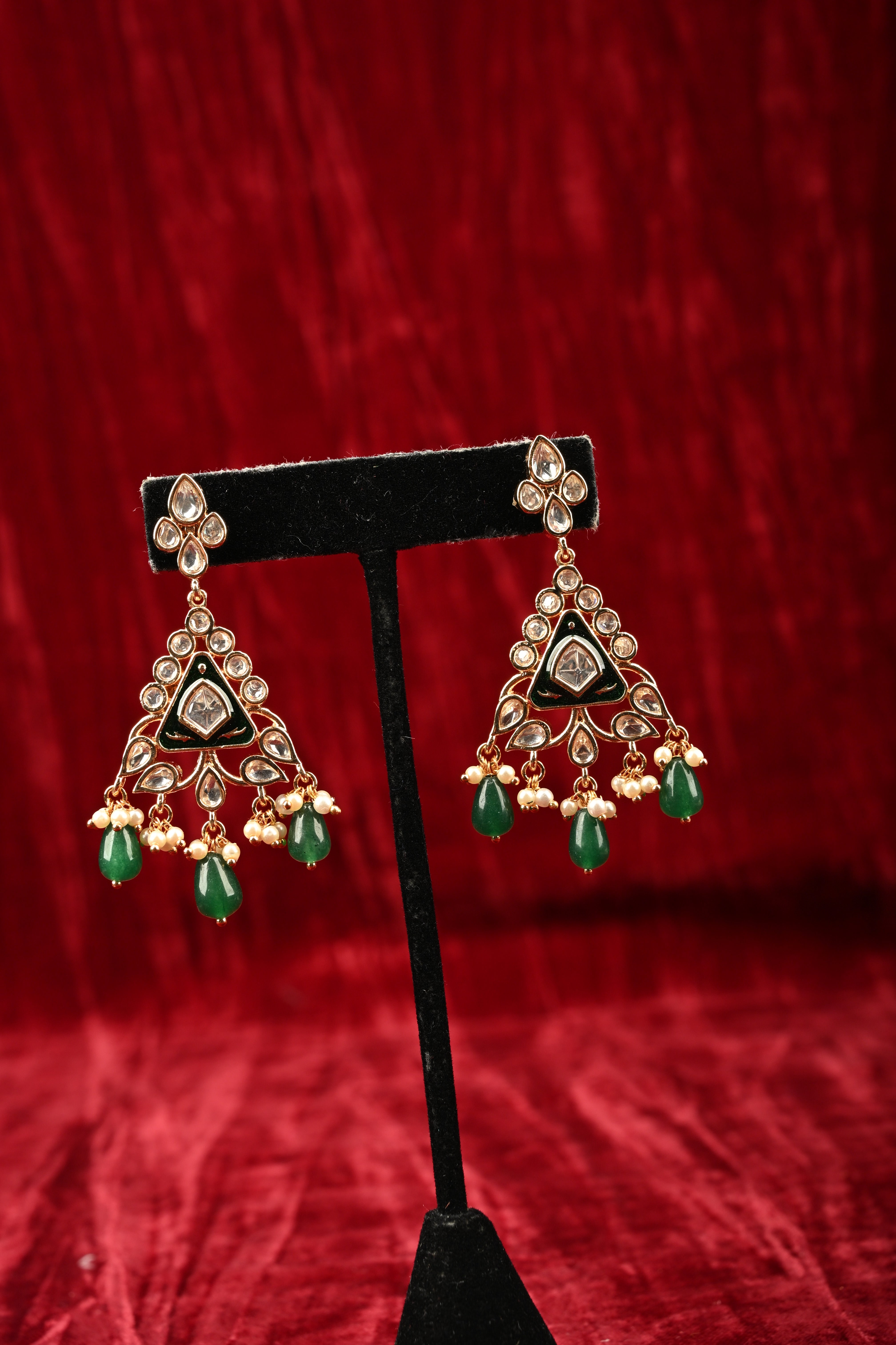Triangular Kundan and Green Drop Earrings | Shobitam