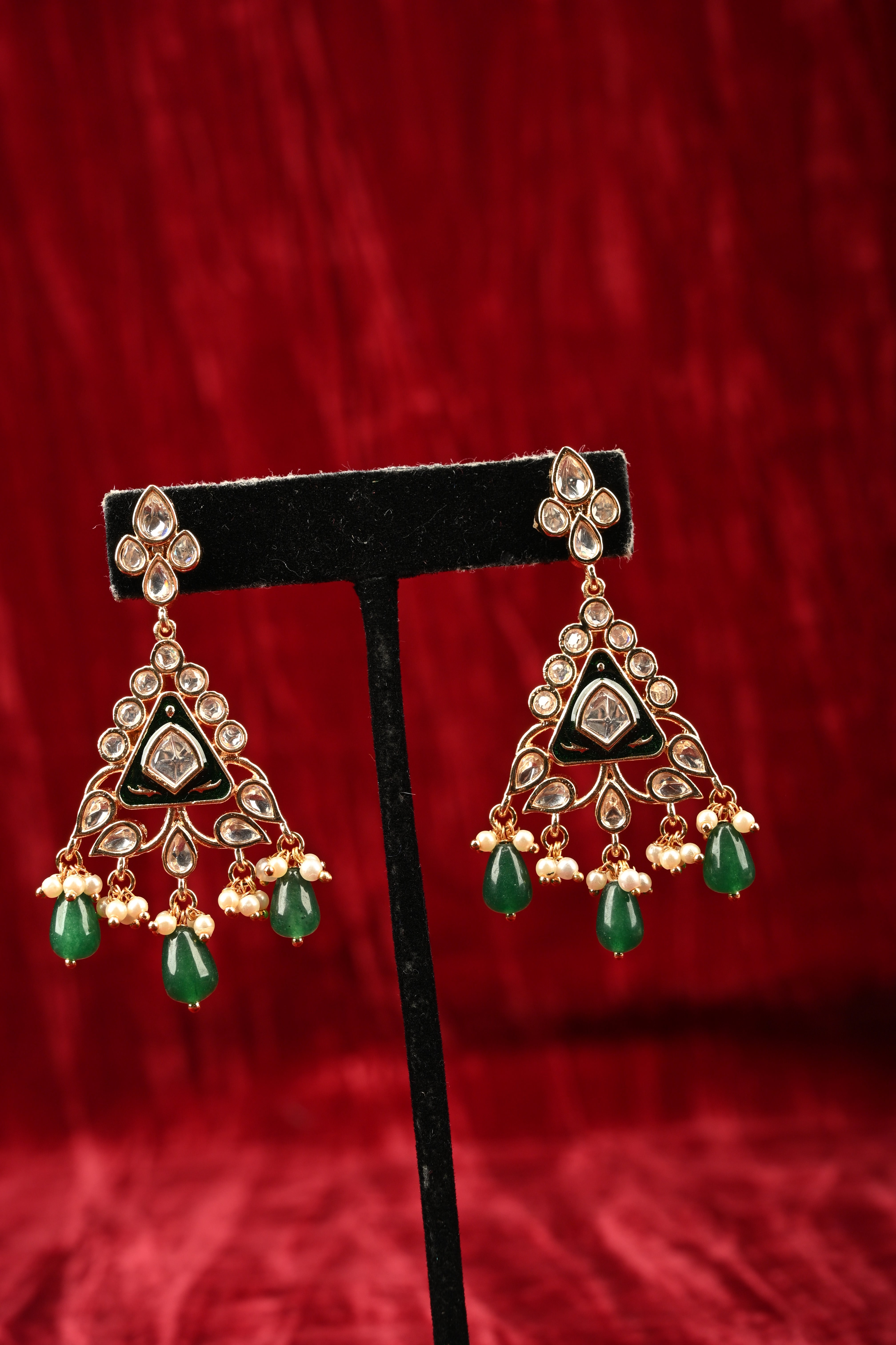 Triangular Kundan and Green Drop Earrings | Shobitam