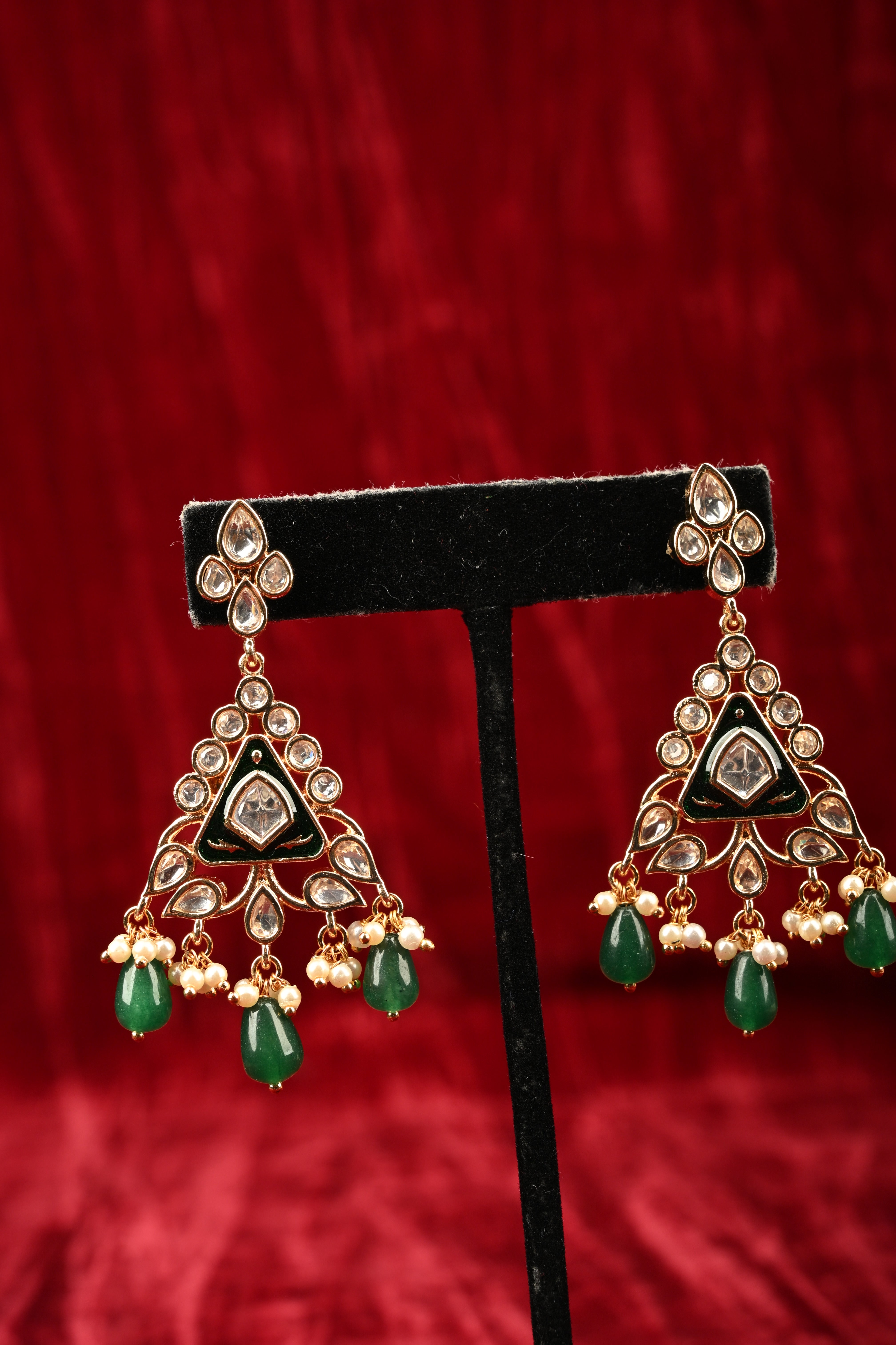 Triangular Kundan and Green Drop Earrings | Shobitam