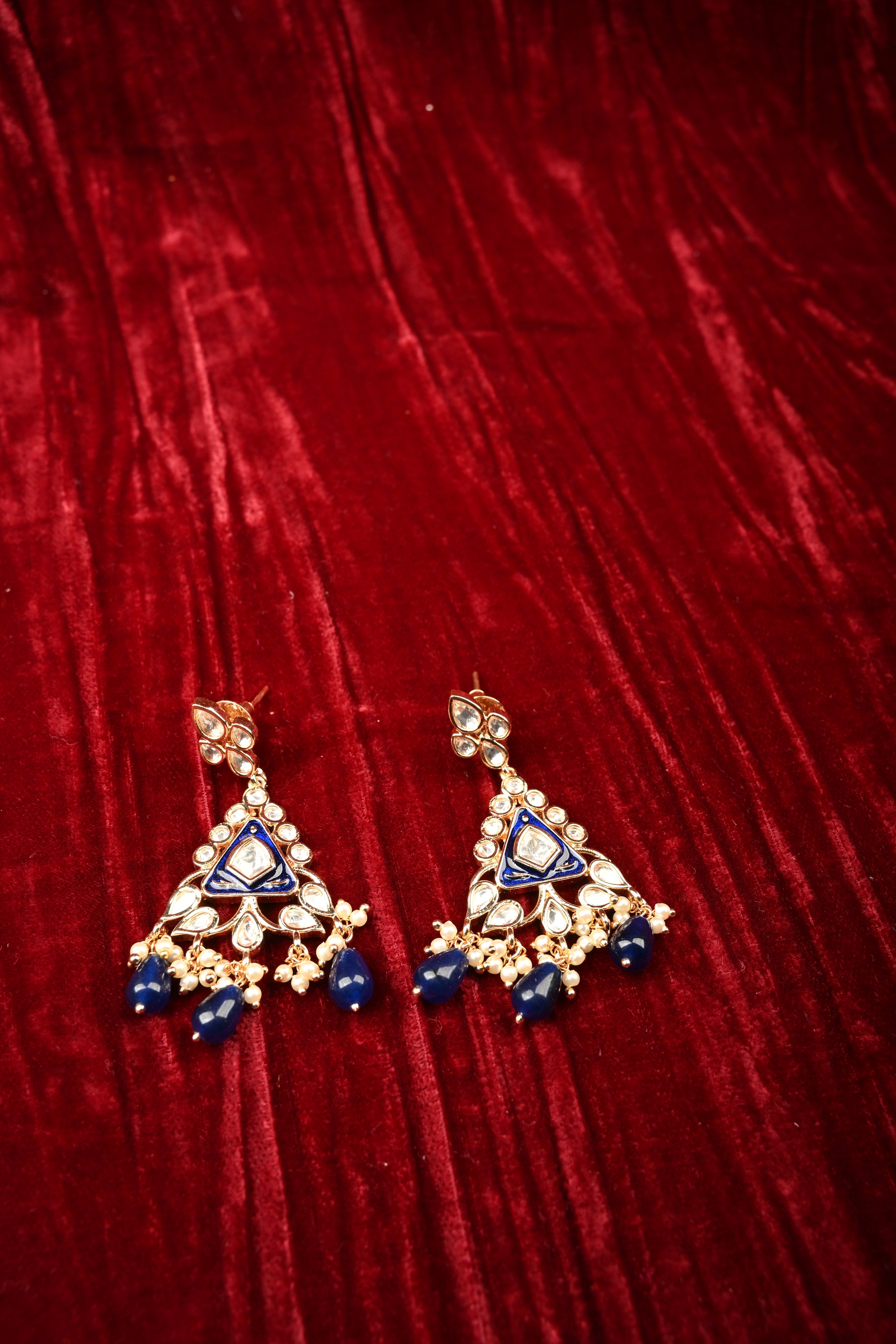 Triangular Kundan and Blue Drop Earrings | Shobitam