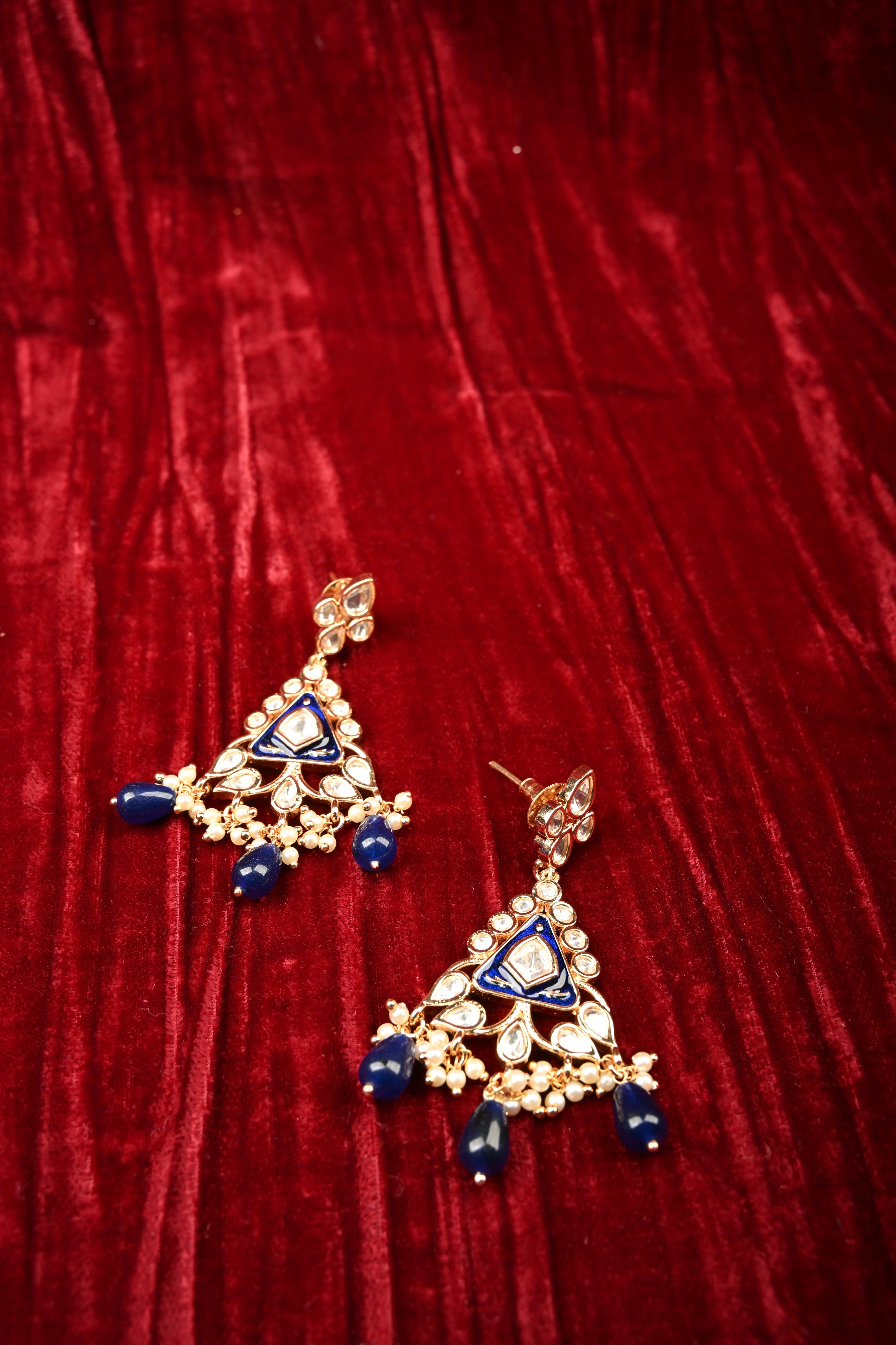 Triangular Kundan and Blue Drop Earrings | Shobitam