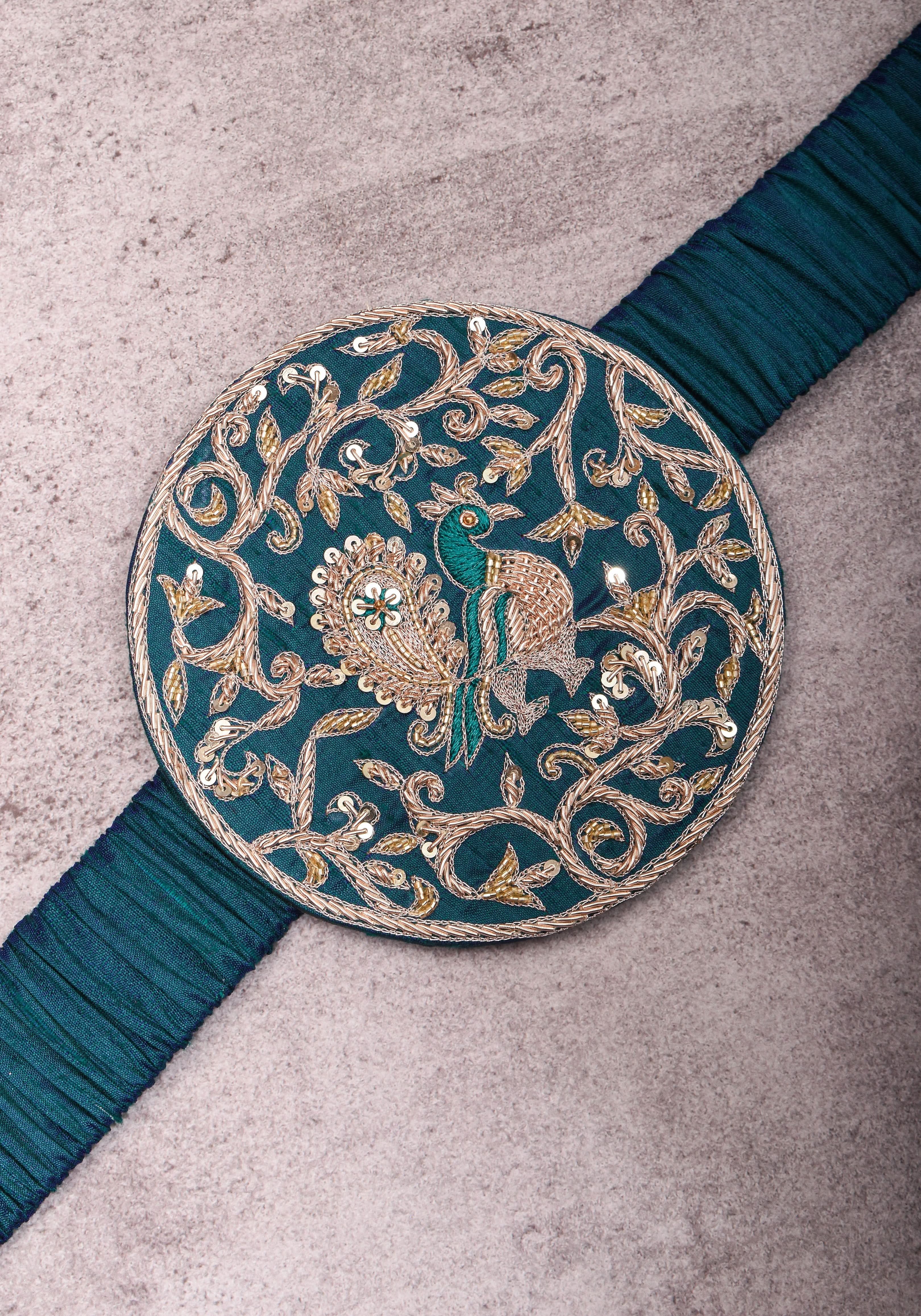 Exquisite 5" Hand Zardosi Peacock in Mandala Prominent Waist belt in Pure raw silk | Made to Order | Shobitam