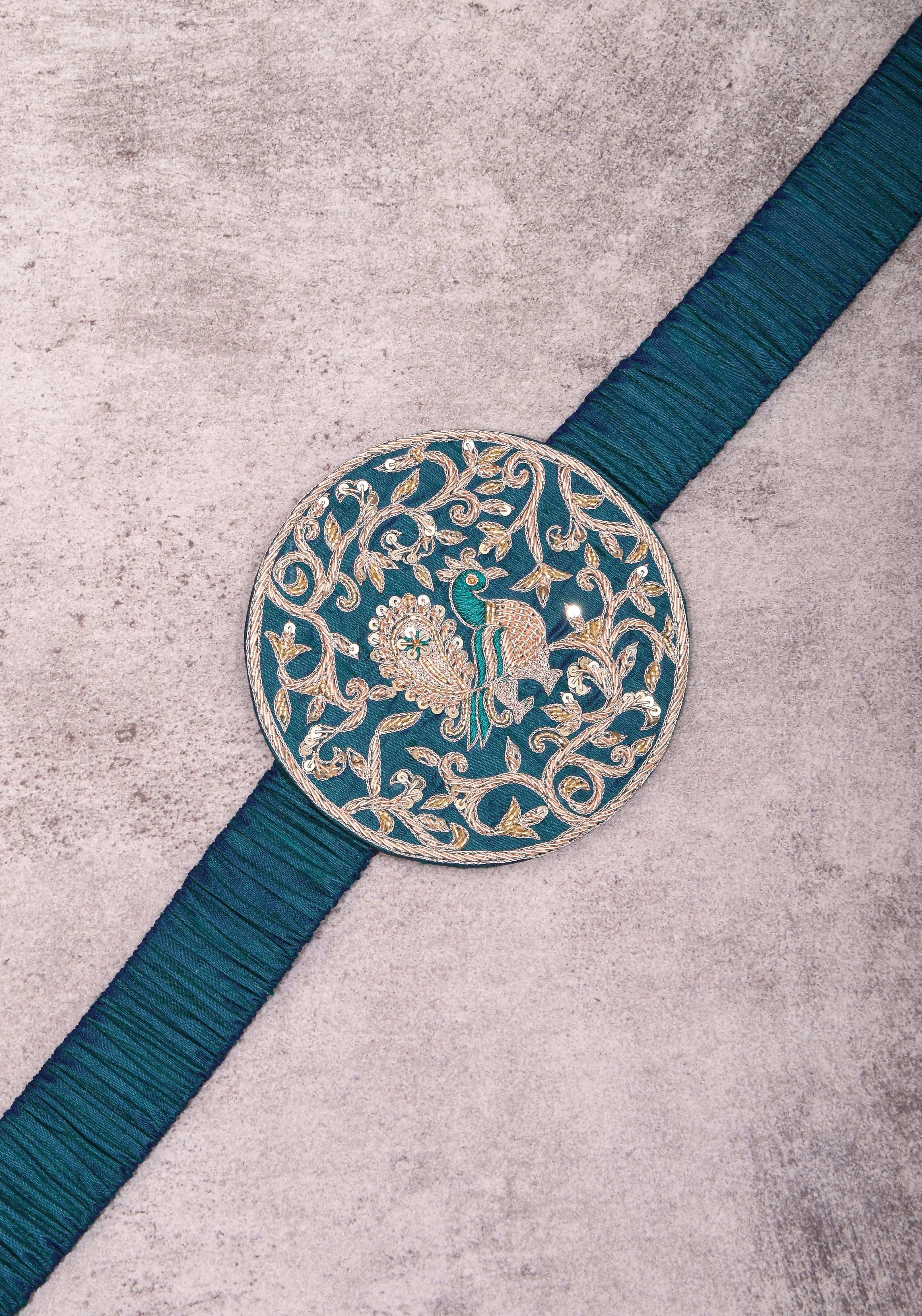Exquisite 5" Hand Zardosi Peacock in Mandala Prominent Waist belt in Pure raw silk | Made to Order | Shobitam