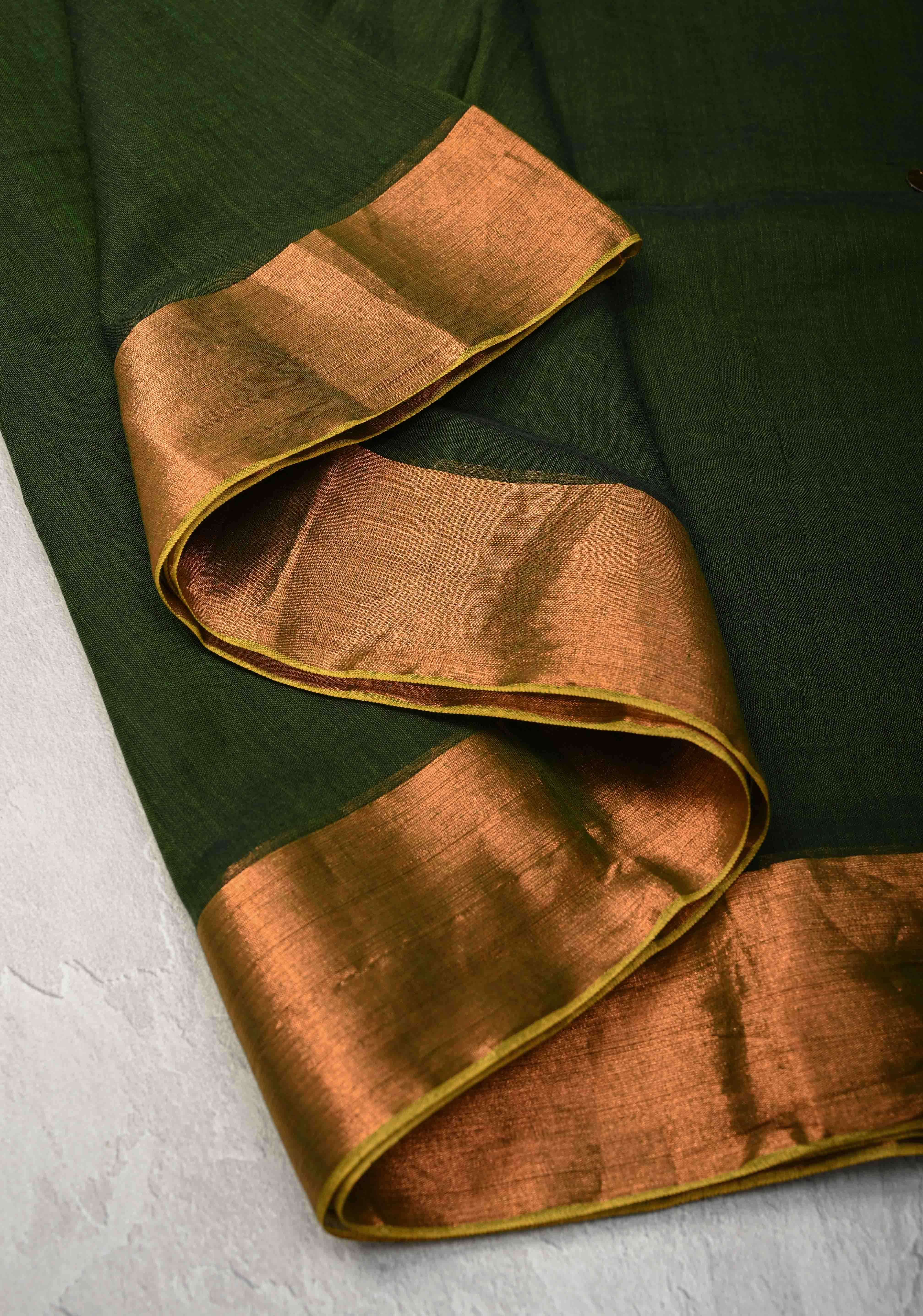 Deep Forest Green Bengal Cotton saree in With Tikki work and Long Tassels | SHOBITAM