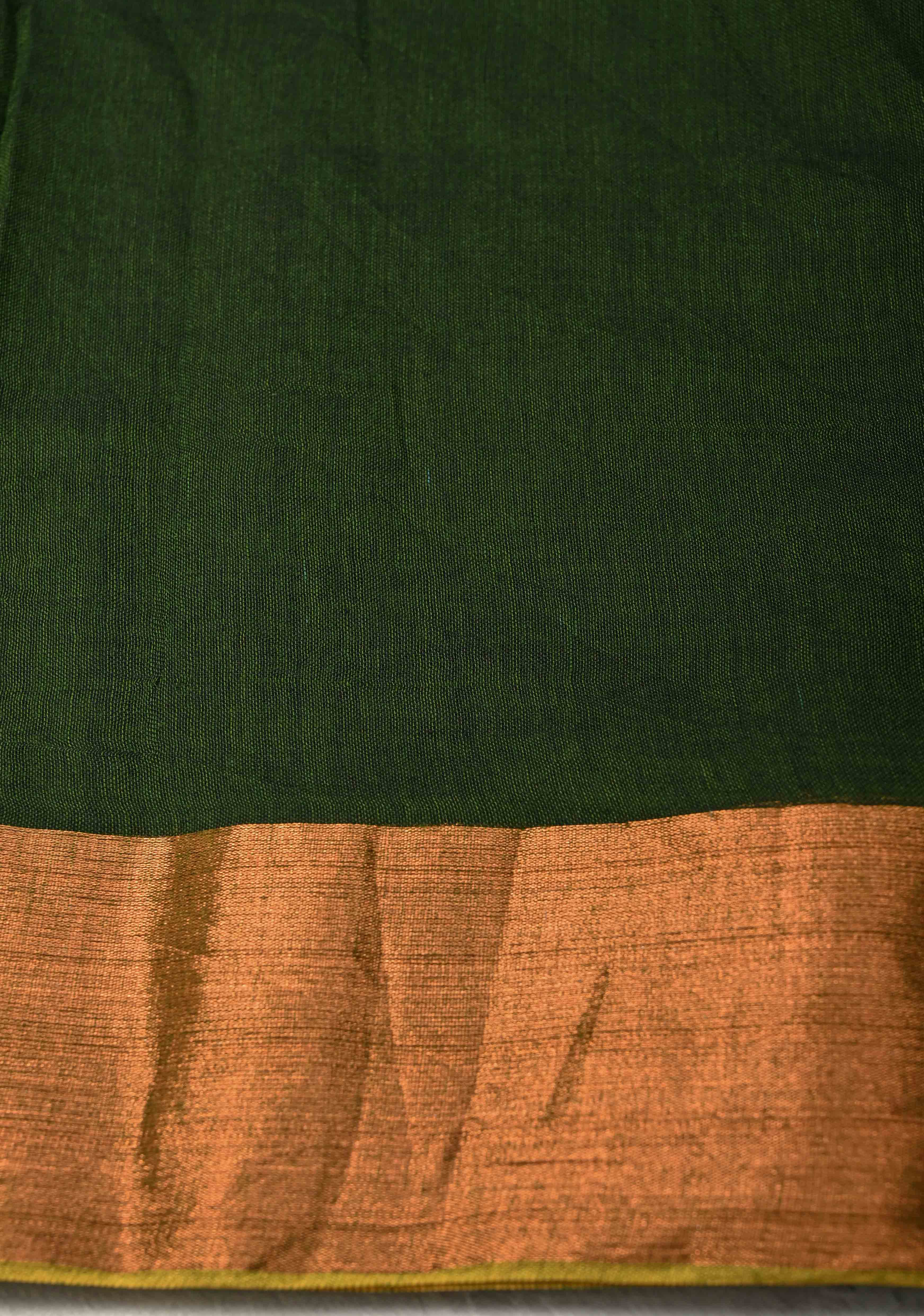 Deep Forest Green Bengal Cotton saree in With Tikki work and Long Tassels | SHOBITAM