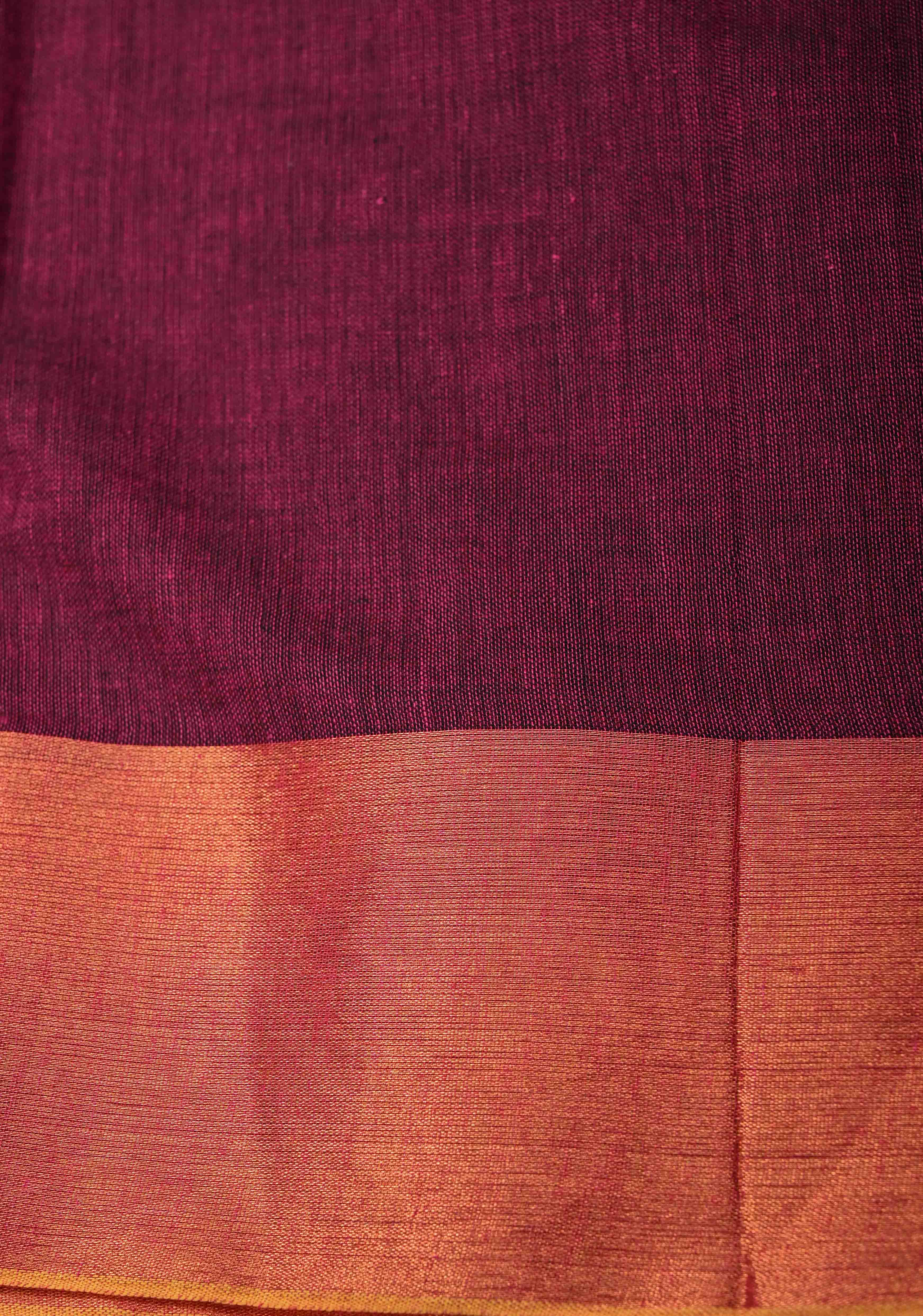 Magenta Bengal Cotton saree in With Tikki work and Long Tassels | Shobitam
