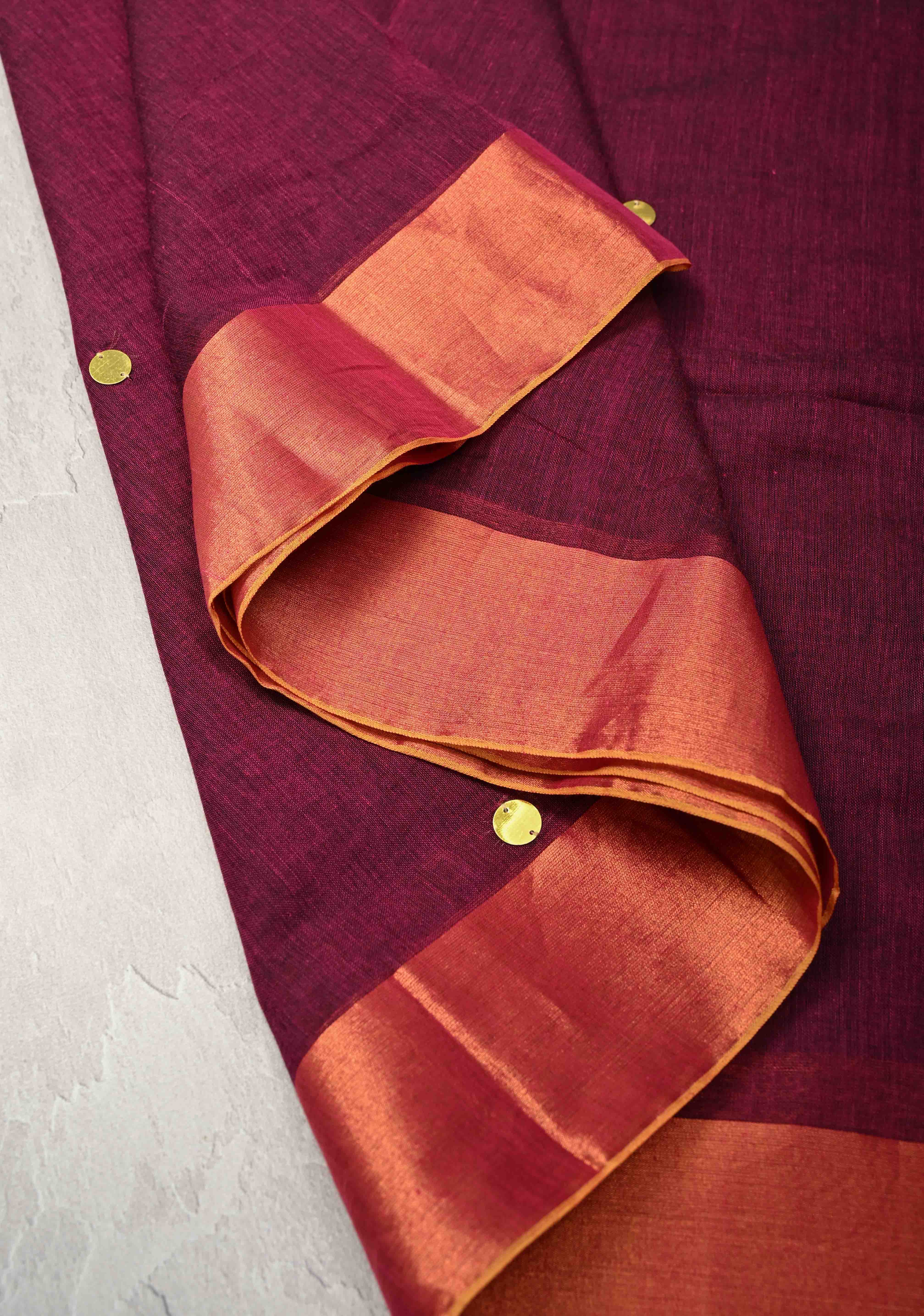 Magenta Bengal Cotton saree in With Tikki work and Long Tassels | Shobitam