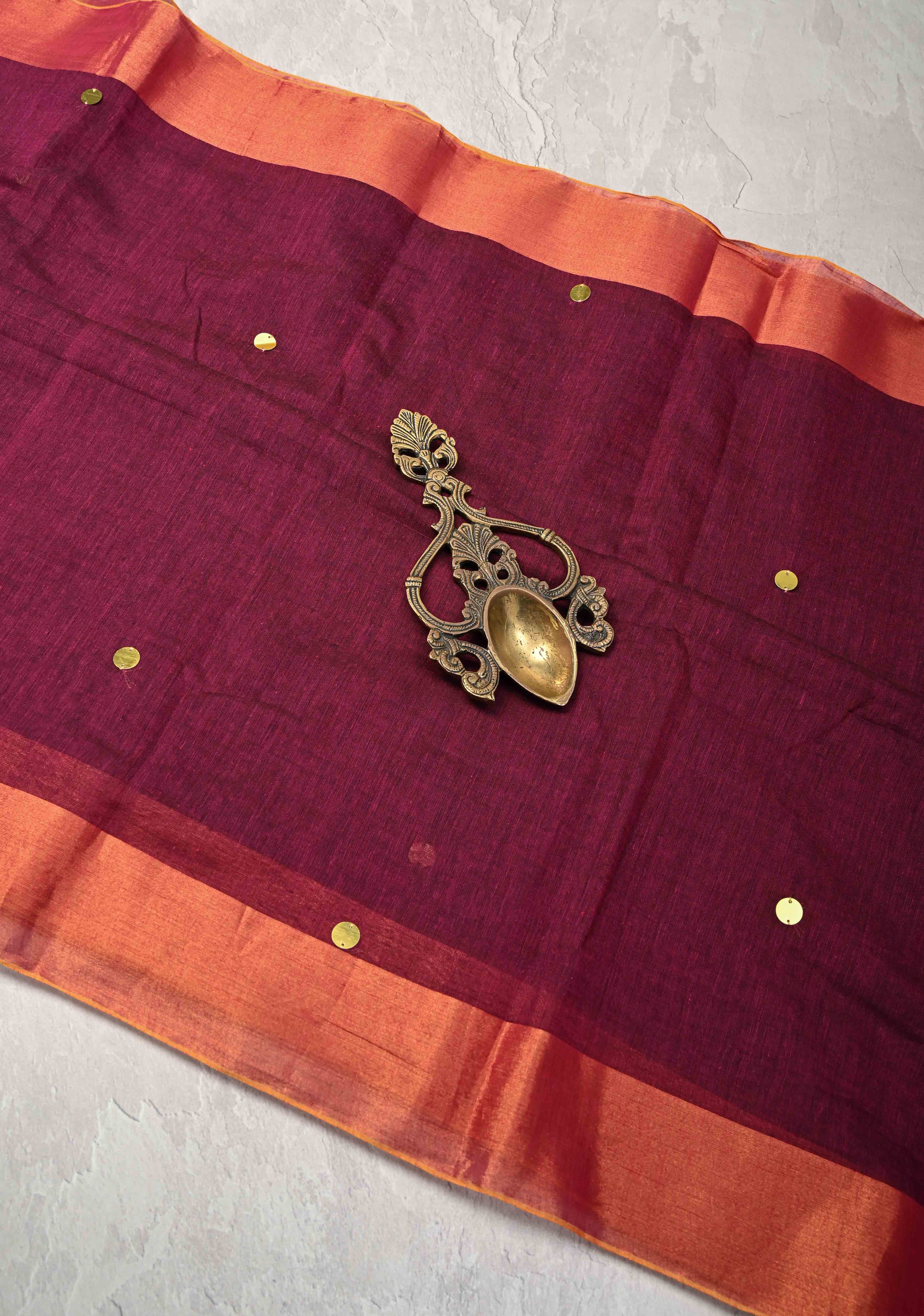 Magenta Bengal Cotton saree in With Tikki work and Long Tassels | Shobitam